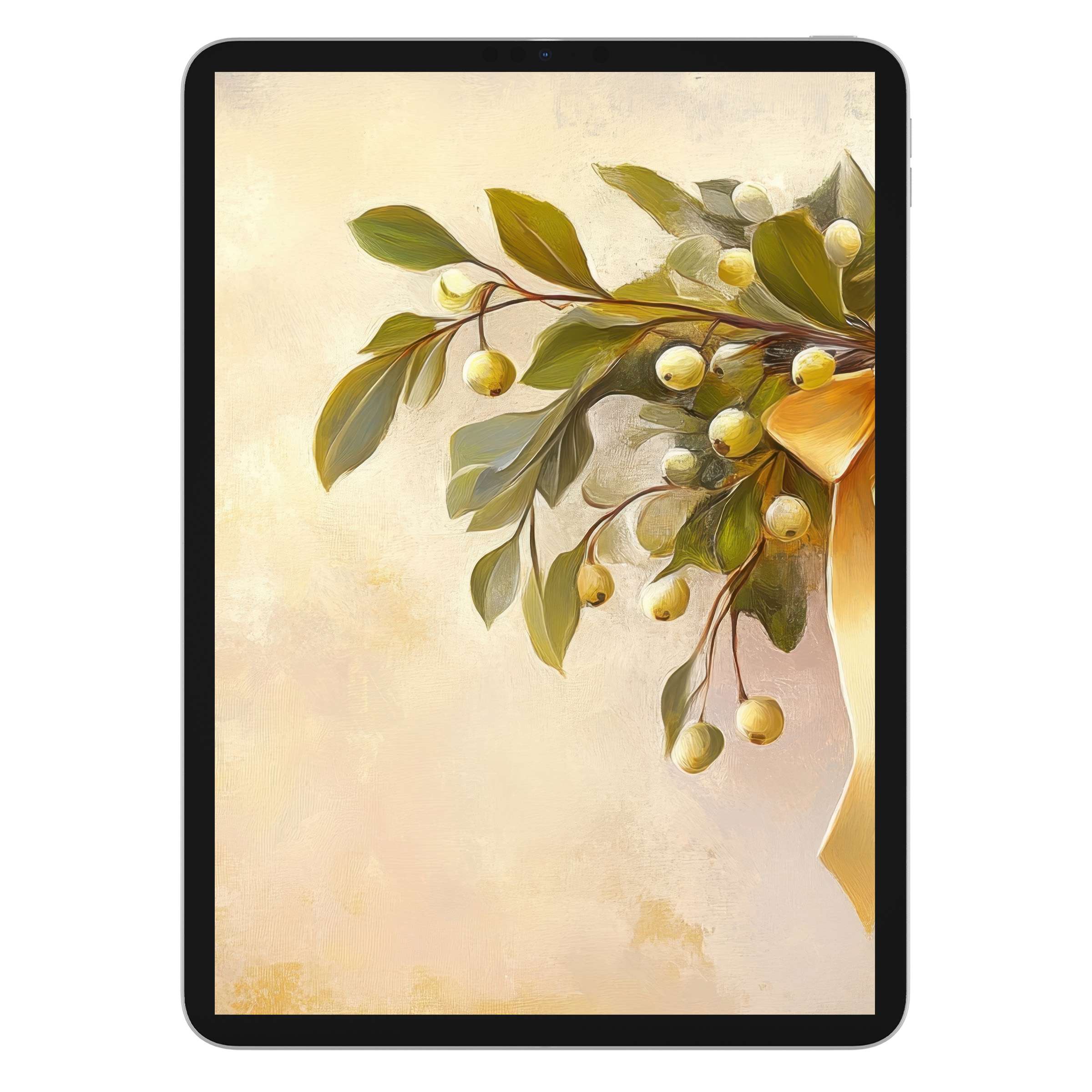 Elegant christmas iPad wallpaper featuring artistic foliage and berries creating a serene digital download background for tablets