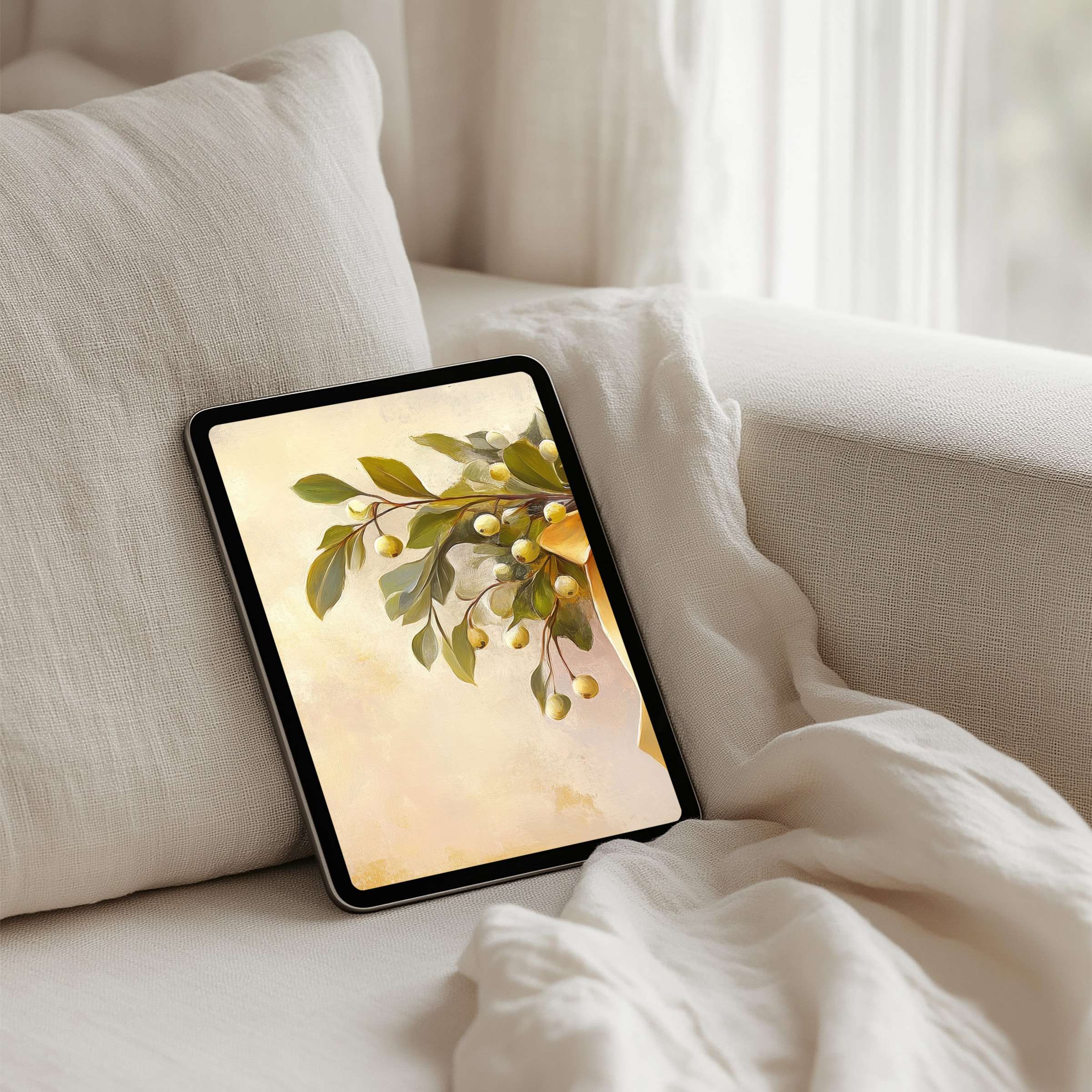 Elegant olive branch digital art for iPad background brings calm and inspiration to any tablet setting with instant download appeal