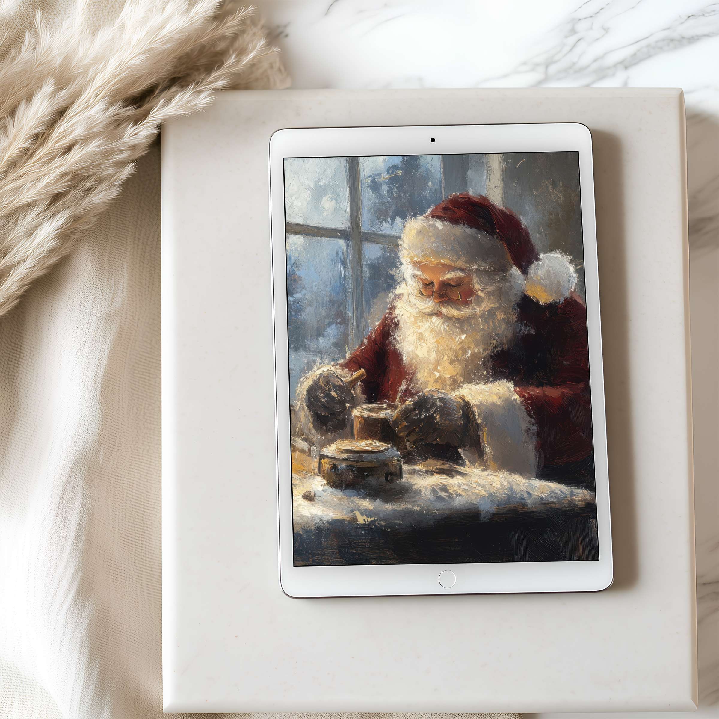 Elegant winter scene tablet wallpaper featuring Santa in timeless art style on high-resolution iPad, perfect for calming digital download