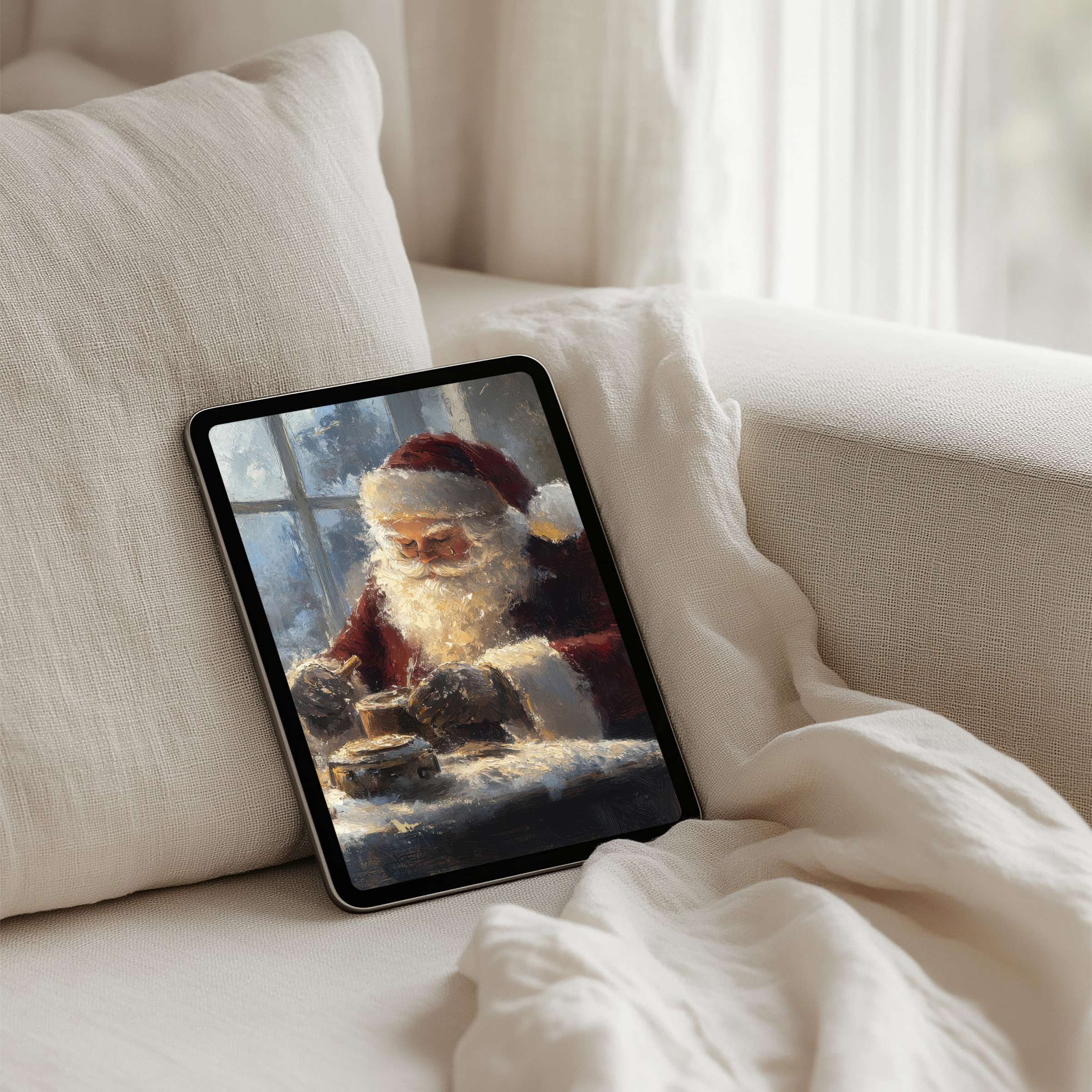 Cozy digital painting of Santa Claus decorates an elegant iPad background for instant download on any tablet, invoking calm inspiration