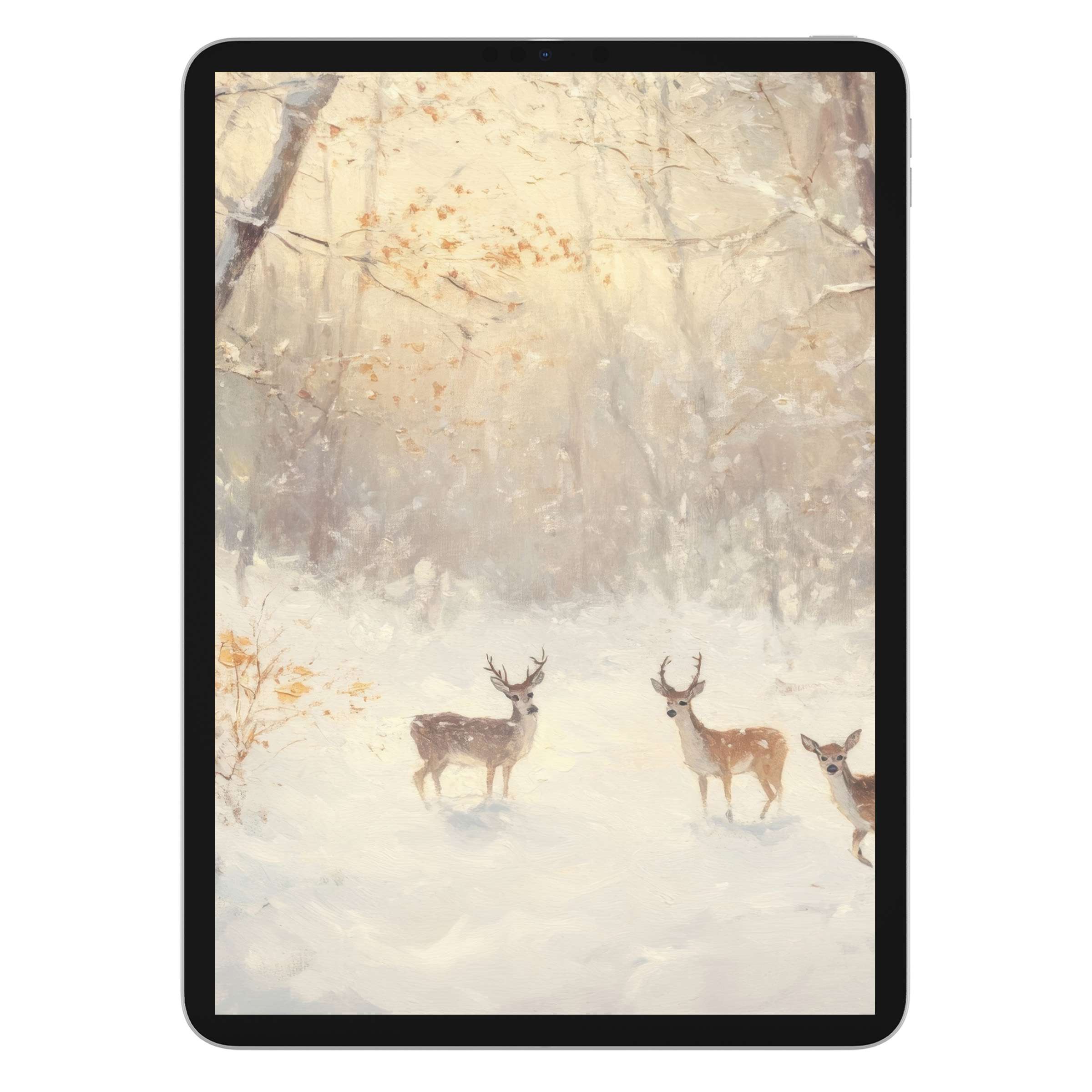 Elegant christmas iPad wallpaper featuring serene forest scene with deer, ideal digital download for tablet backgrounds, nature-inspired serenity