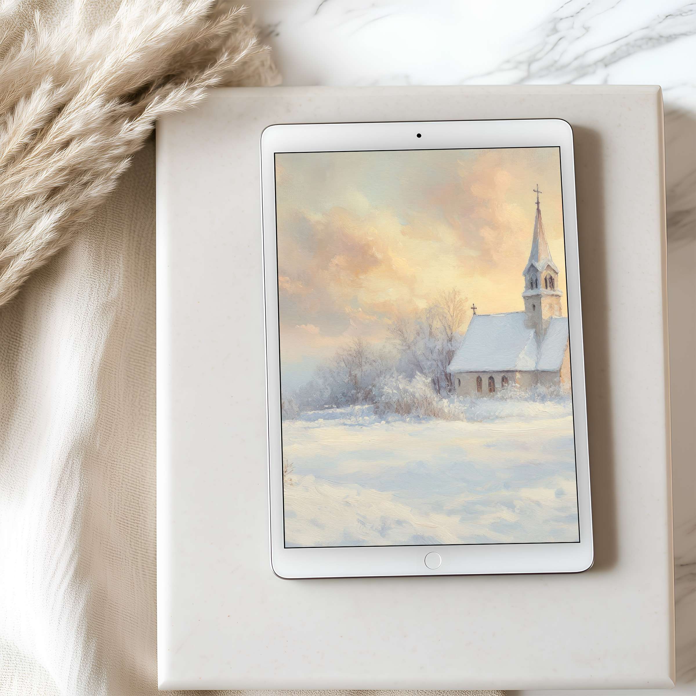 Elegant winter scene tablet wallpaper in soothing pastels on iPad evokes tranquility and warmth perfect for digital download