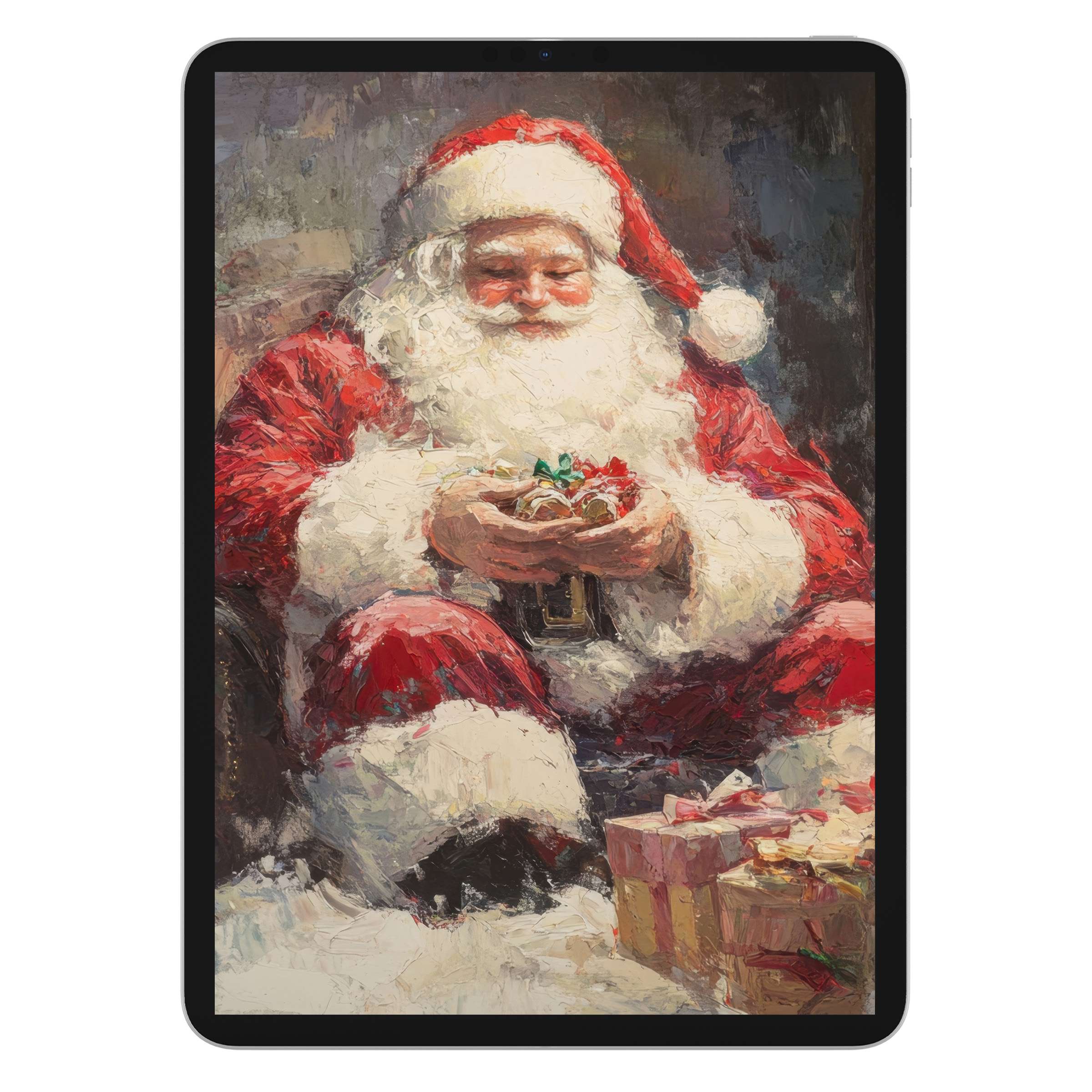 Festive digital download showcasing a serene Christmas iPad wallpaper with Santa in rich, textured colors, ideal for tablet backgrounds
