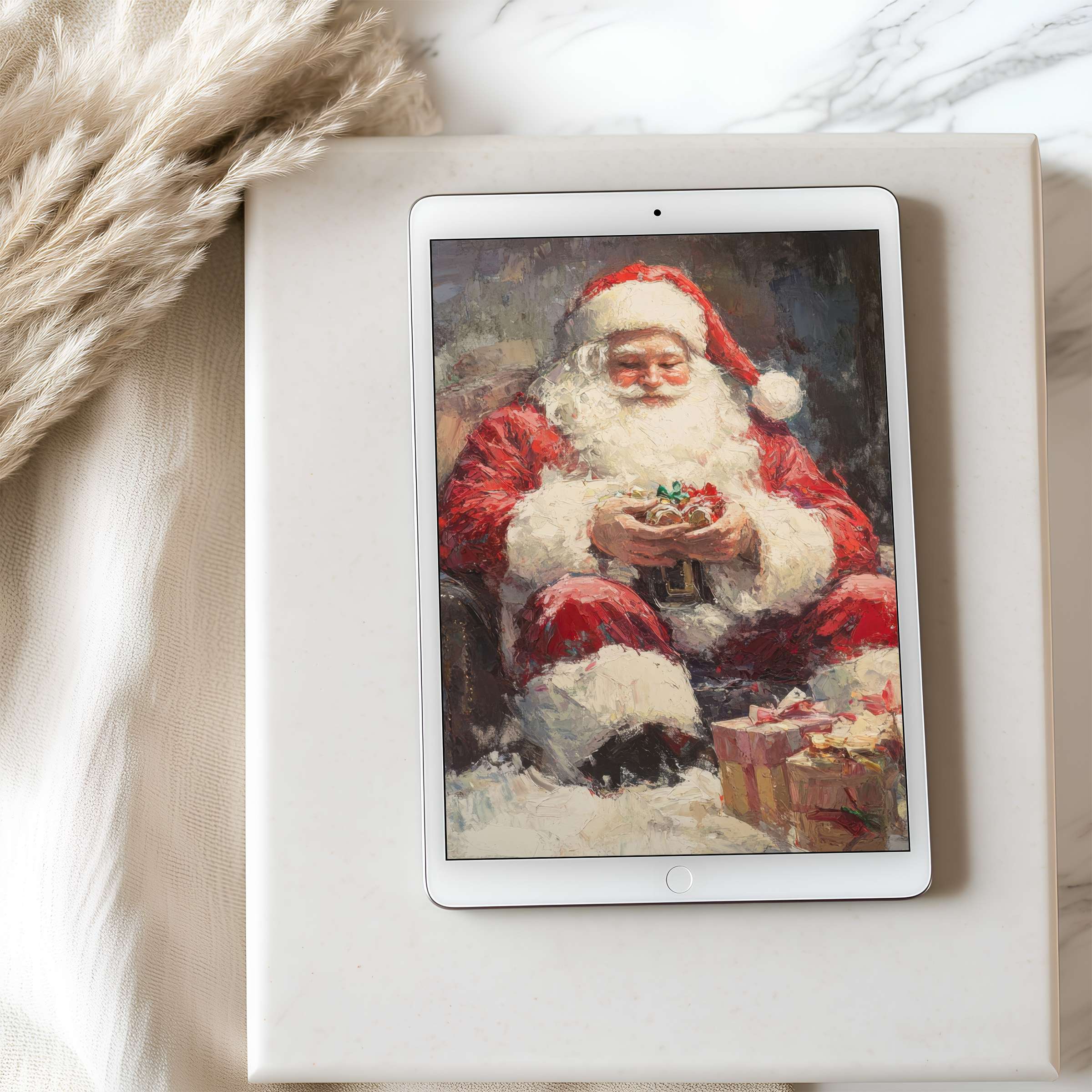 Cozy tablet wallpaper featuring a high-resolution painting of Santa Claus exudes warmth and charm for digital download on iPad or Android