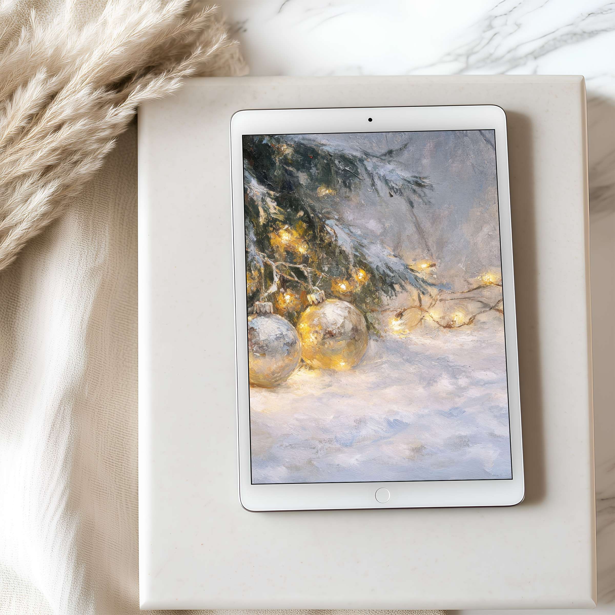 Elegant winter-themed tablet wallpaper features glistening ornaments and soft snow, offering high resolution artistry for your iPad download
