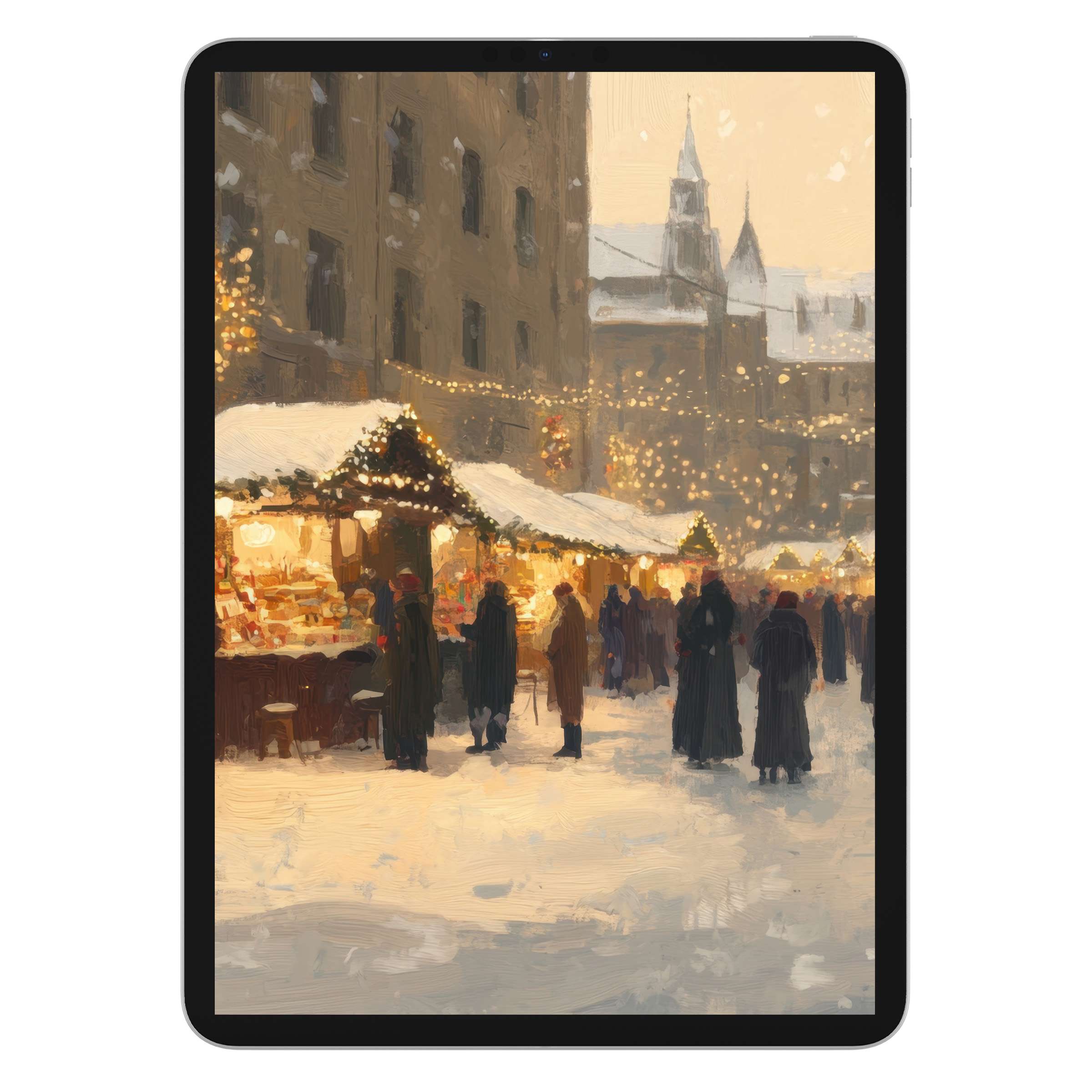 Christmas iPad wallpaper featuring a serene winter market scene with snow-draped stalls elegant lights perfect for tablet backgrounds digital download