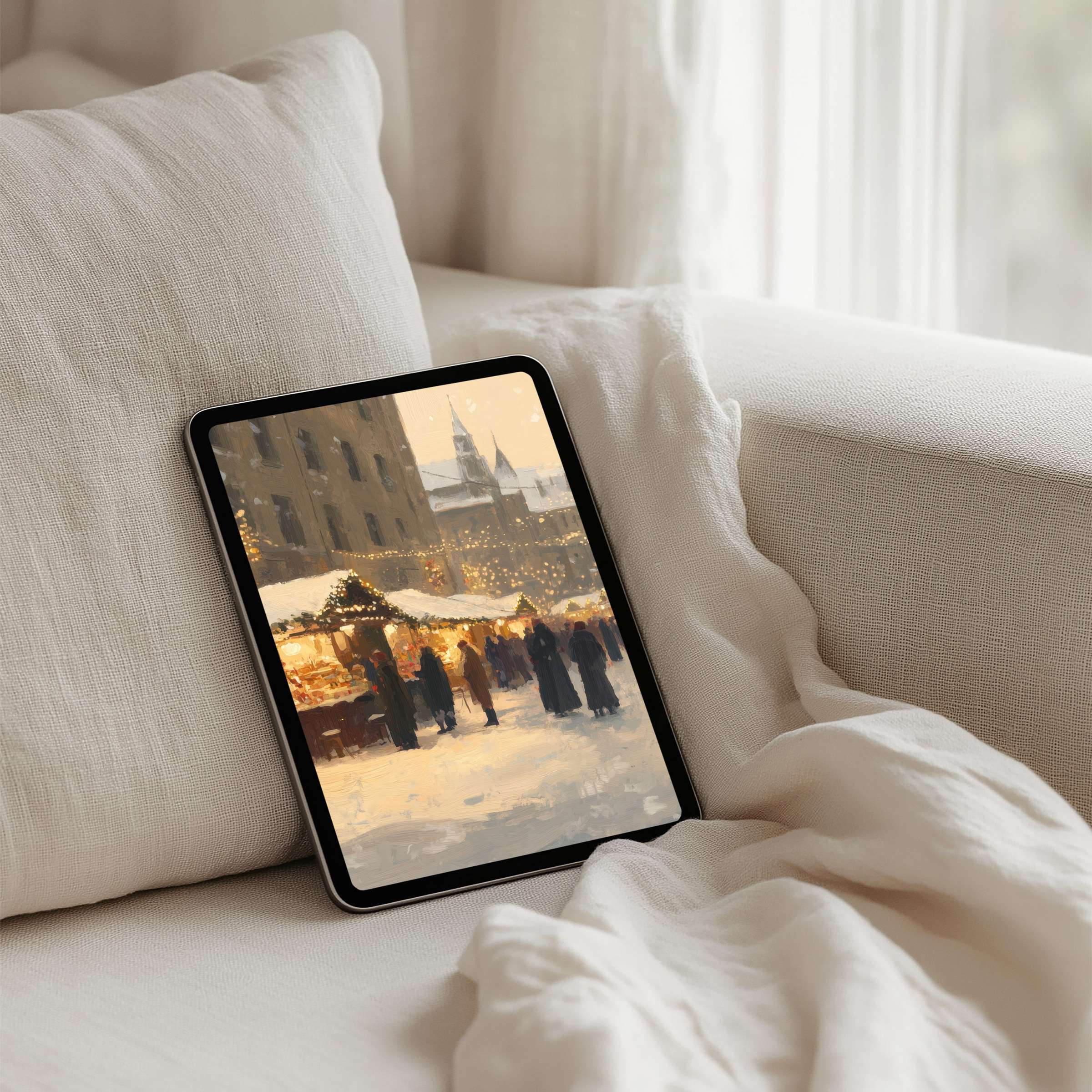Calm elegance in a winter market scene enhances your iPad background with instant download for tablets bringing mindful inspiration