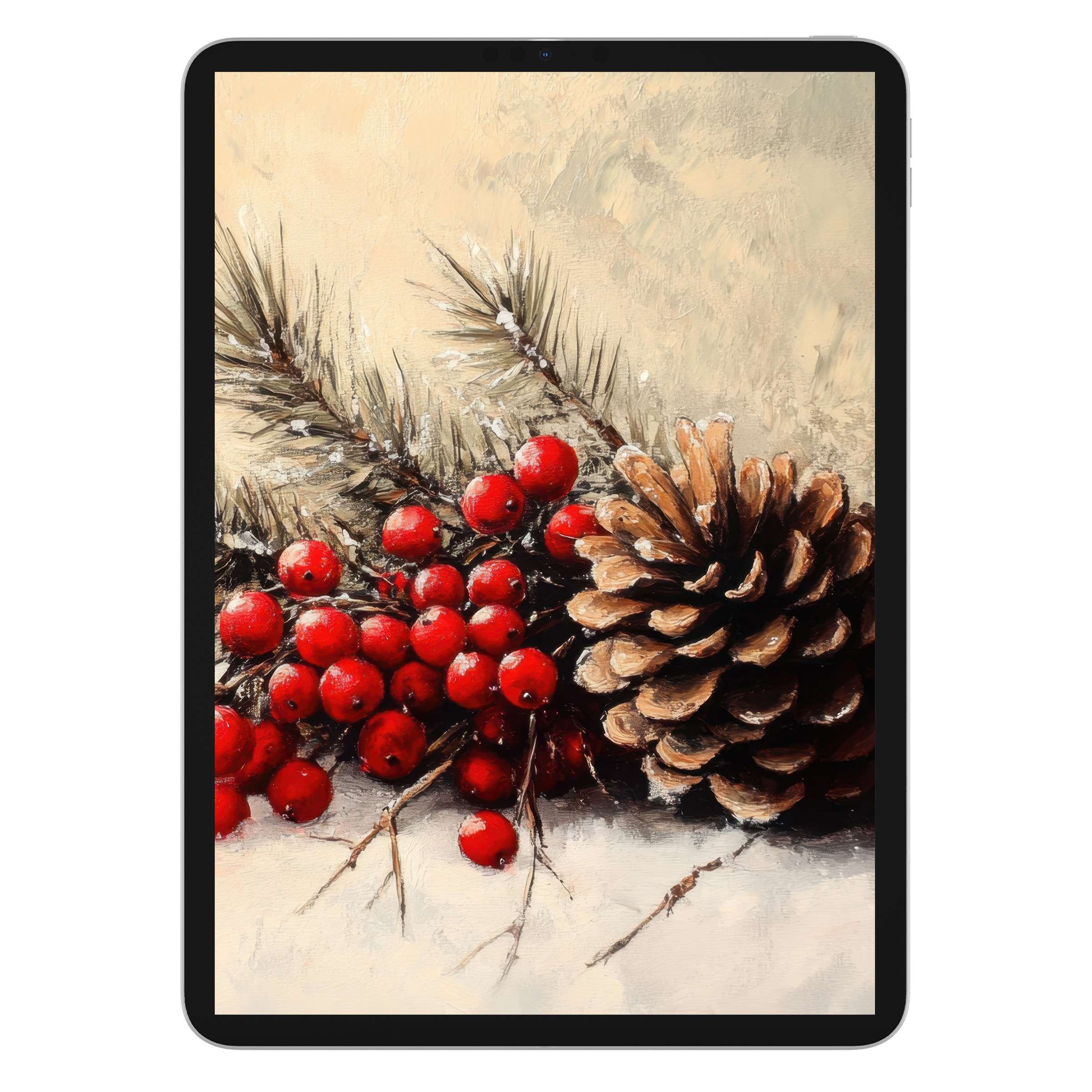 Festive Christmas iPad wallpaper featuring a serene pine cone and red berries digital download, perfect tablet background for holiday tranquility