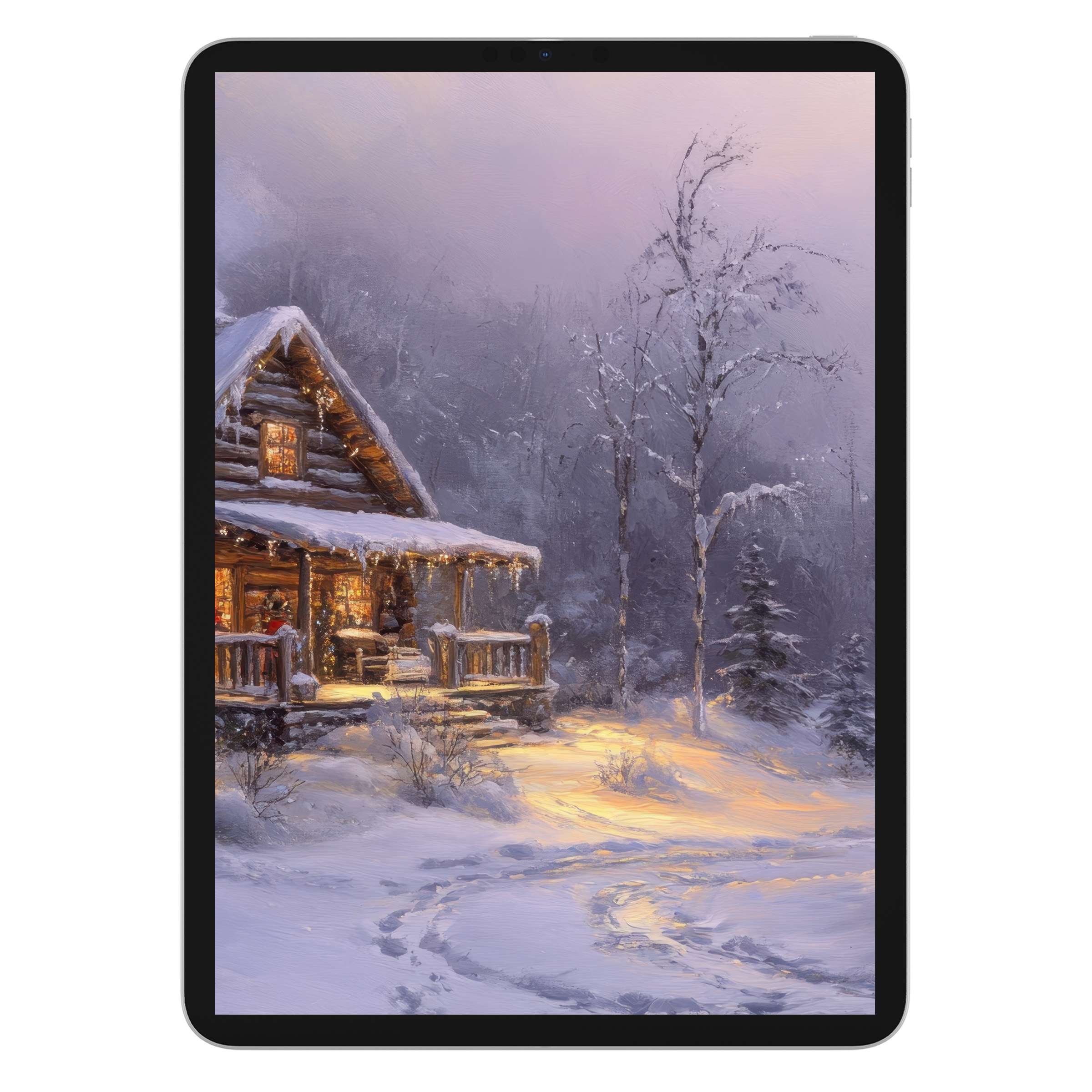 Charming christmas iPad wallpaper captures a snowy cabin scene, offering a serene winter digital download for tablet background use