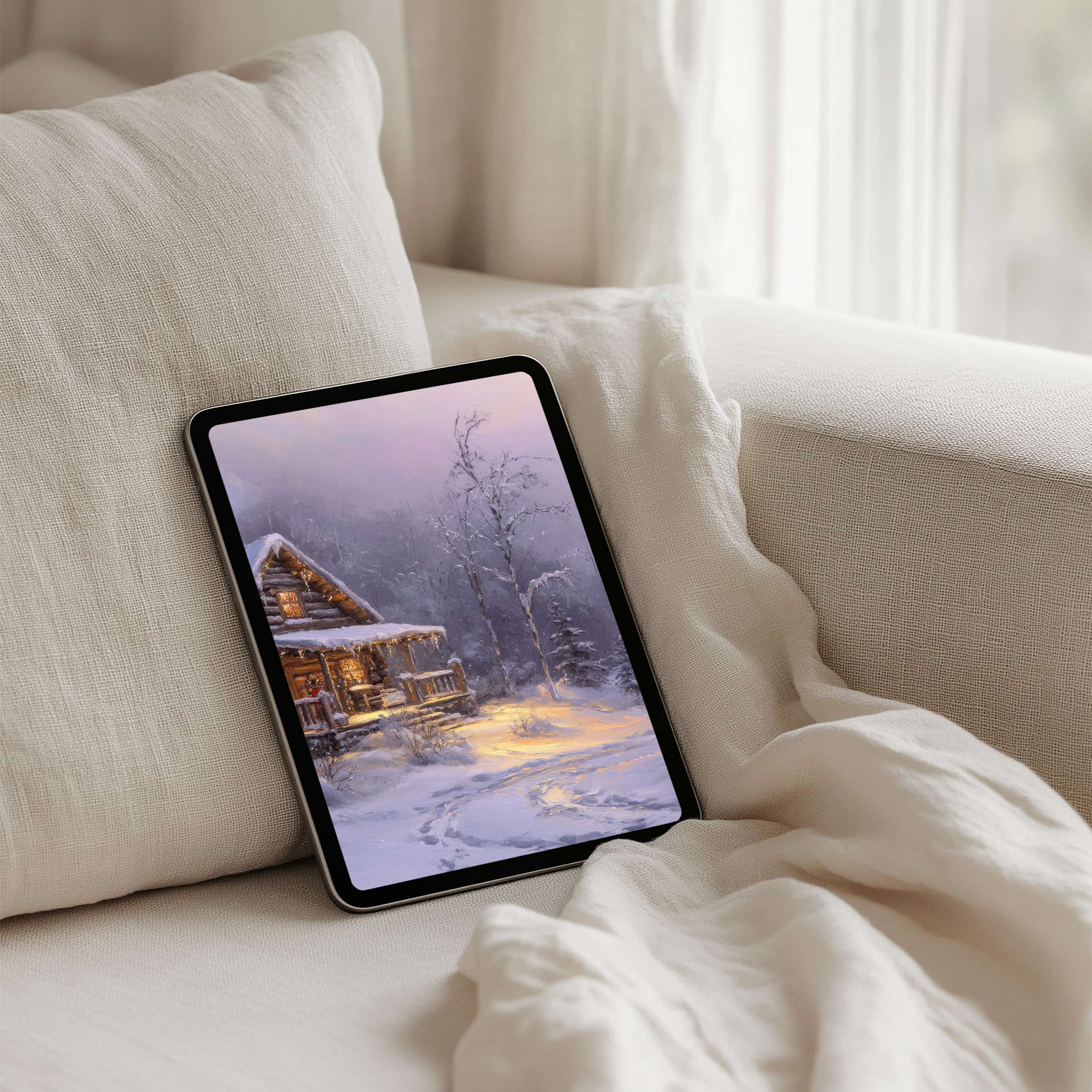 Download this serene winter cabin scene iPad background for instant download on any tablet to inspire calm and elegance