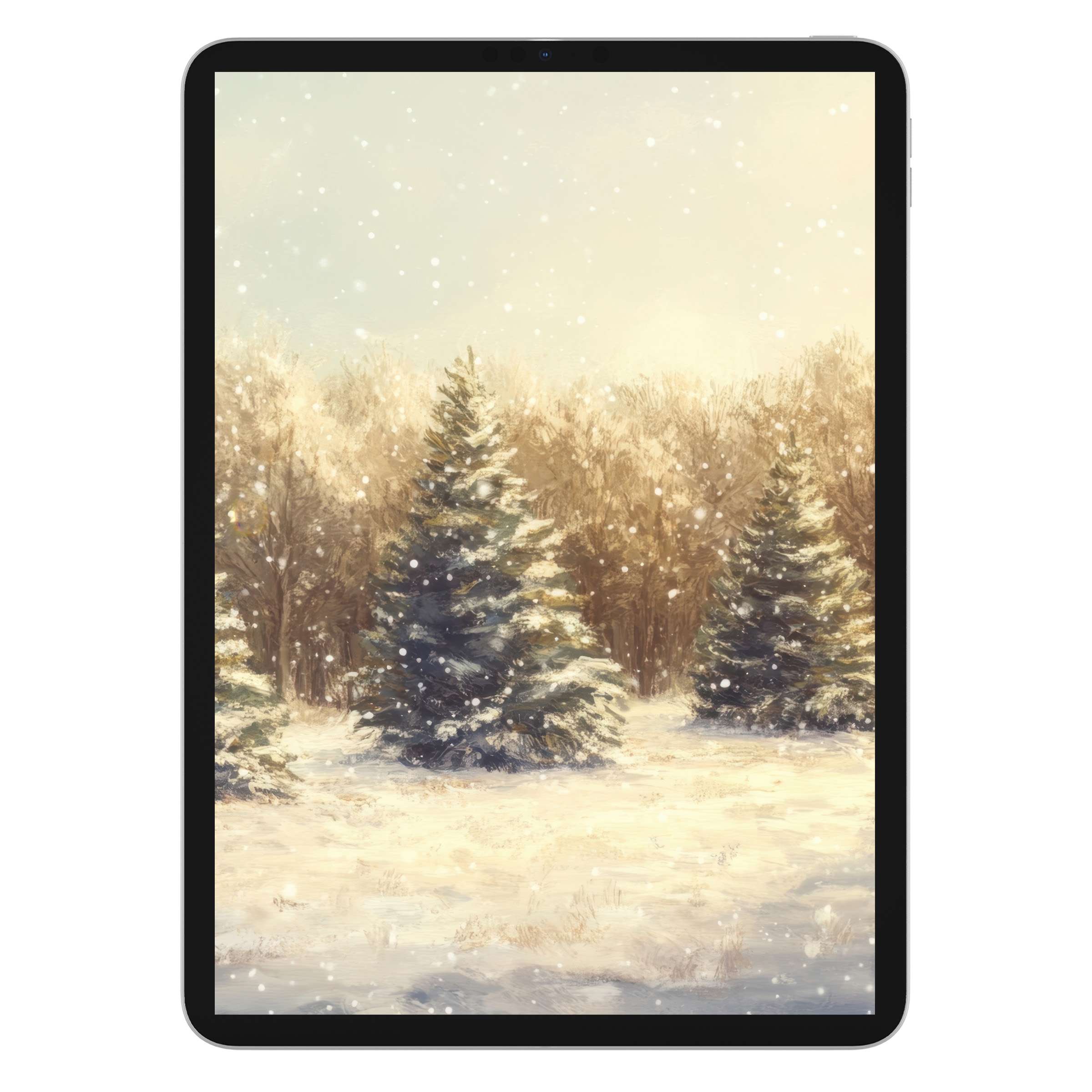 Christmas iPad wallpaper with serene snowy forest scene, perfect digital download for elegant background on any tablet device
