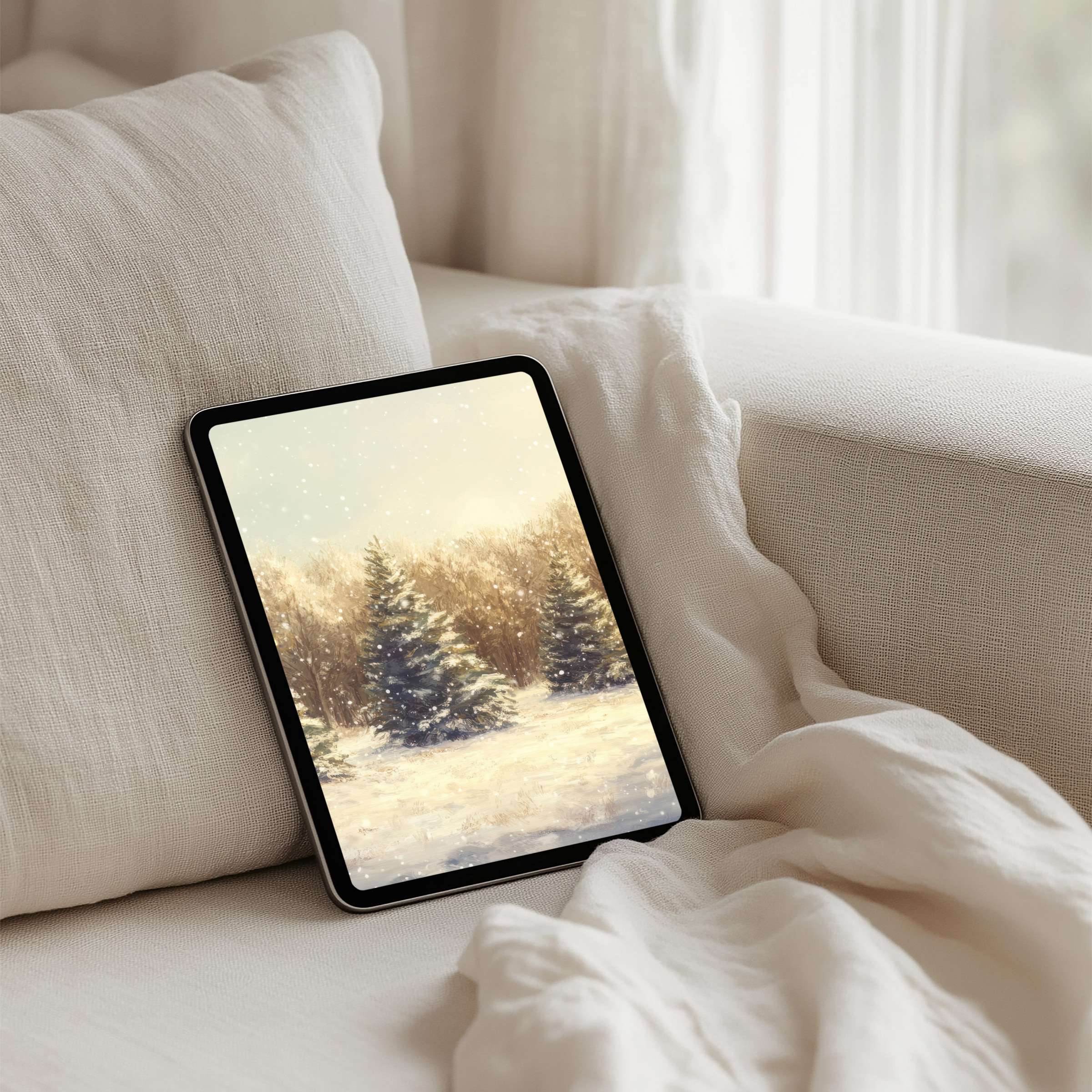Elegant winter scene iPad background on cozy couch offers instant download for tablets like iPad, Samsung, and Android inspiring calm