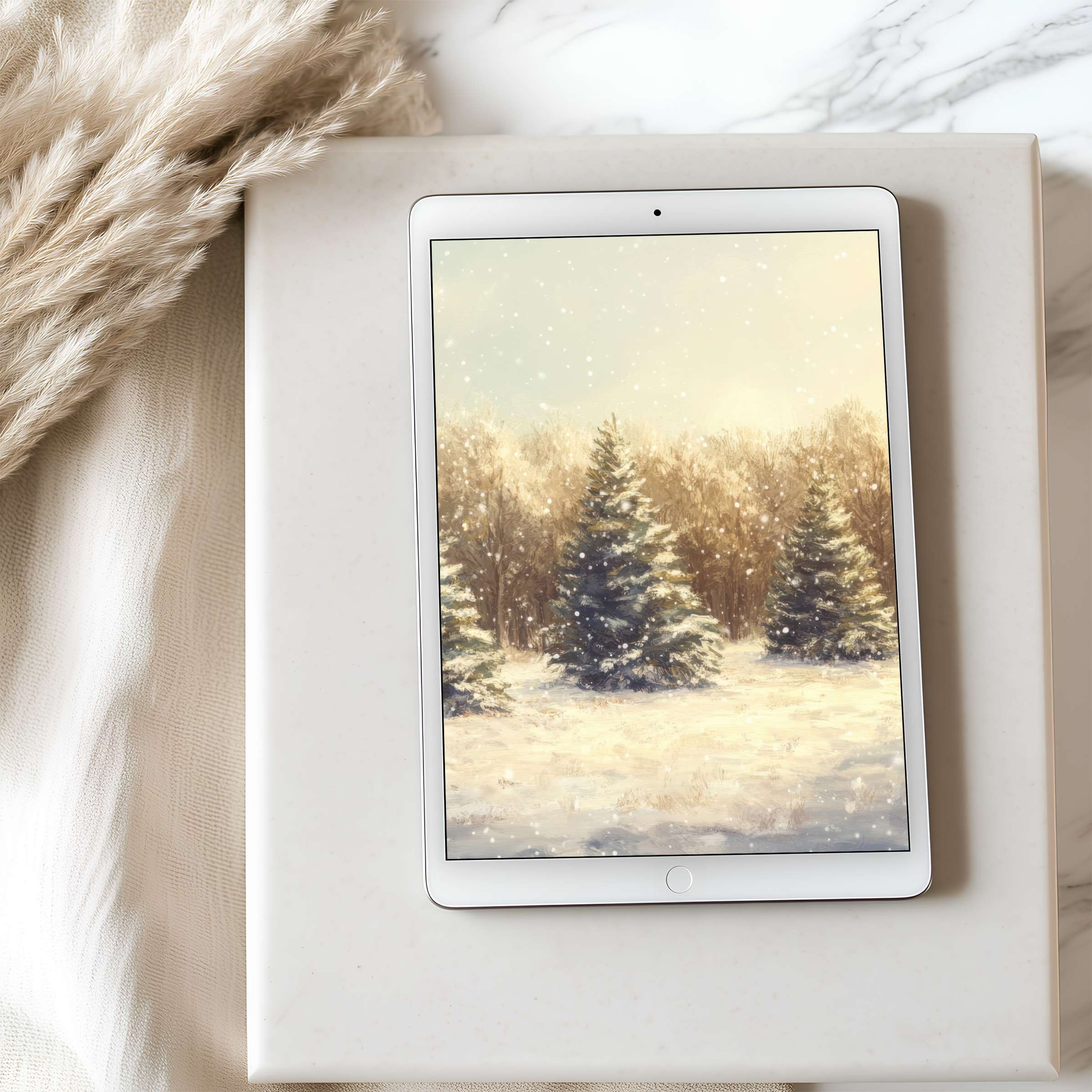 Serene winter landscape tablet wallpaper with gentle snowfall offers high-resolution elegance to elevate your iPad's digital decor
