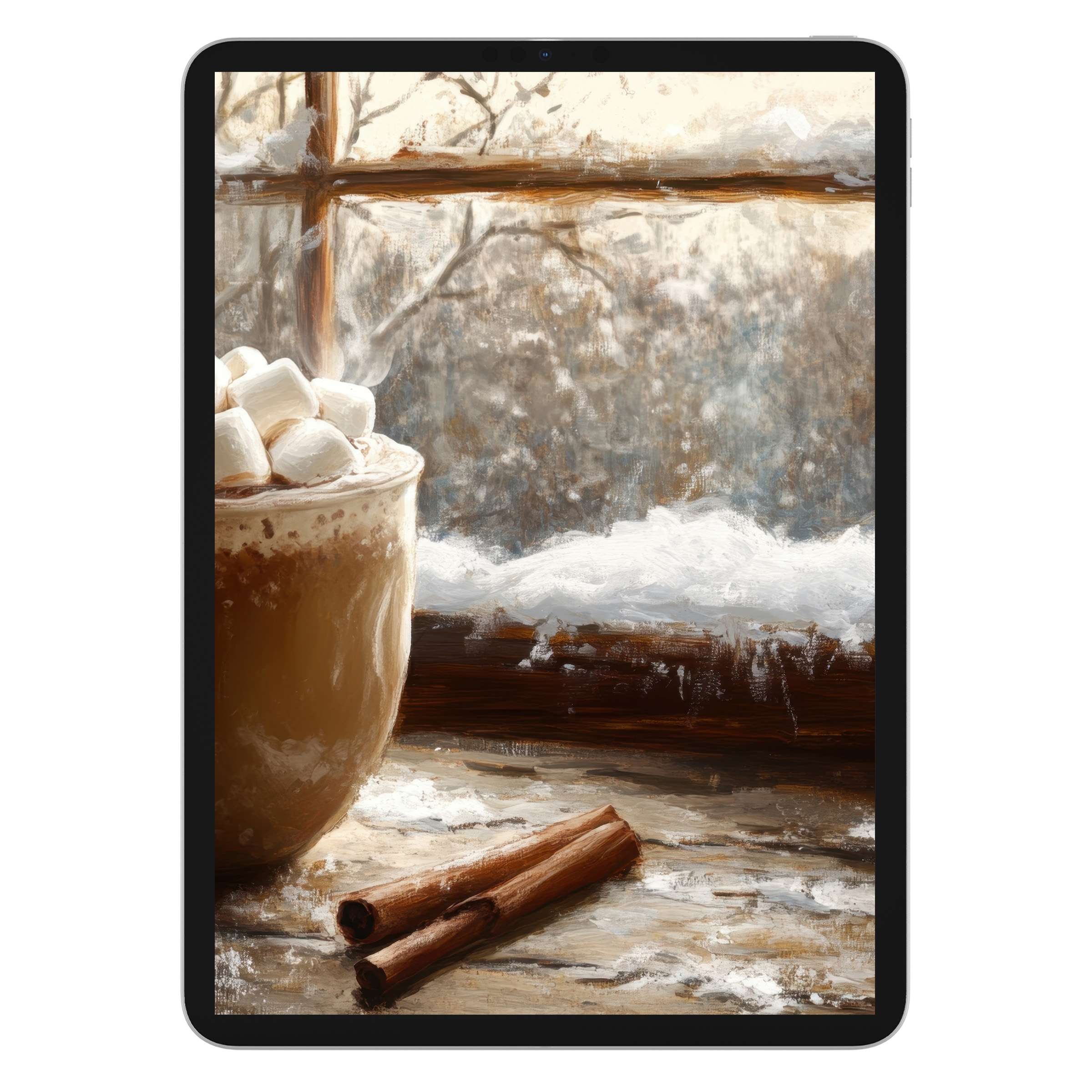 Cozy winter scene with a steaming mug and snow enhances calm on this Christmas iPad wallpaper digital download background for tablets