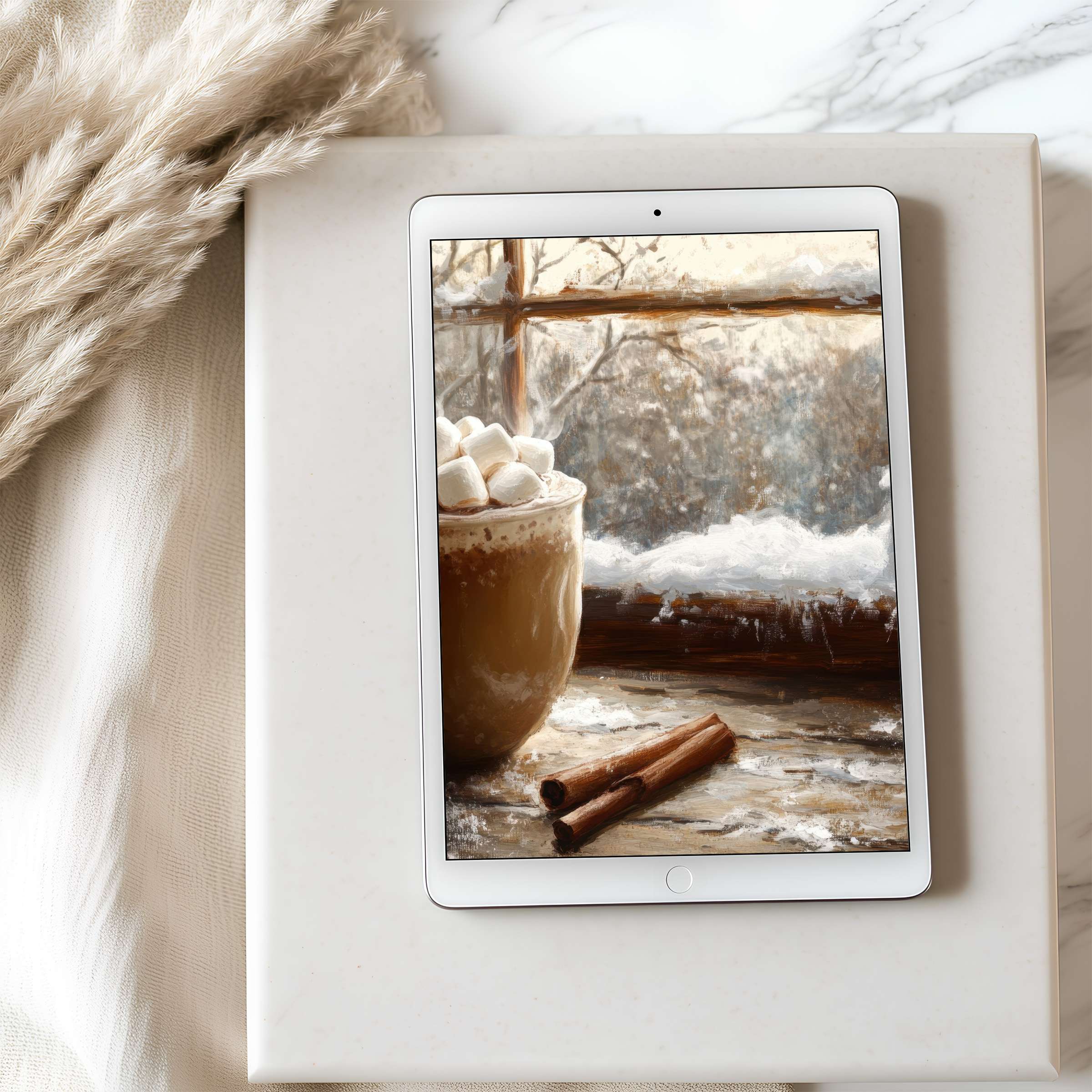 Cozy tablet wallpaper featuring a serene winter scene with warm cocoa and cinnamon sticks perfect for high resolution iPads and tablets