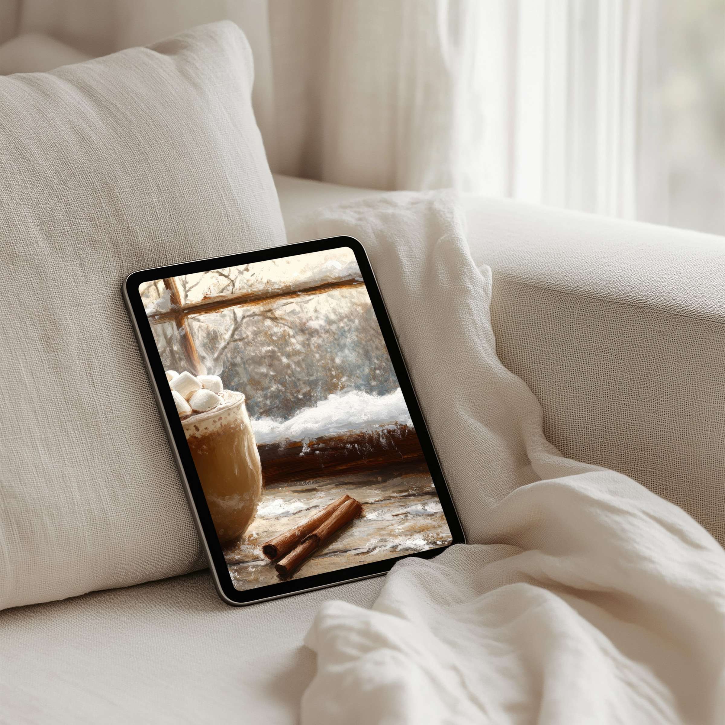 Cozy iPad background depicting serene winter scene with cinnamon and marshmallows offers instant download for all tablet types