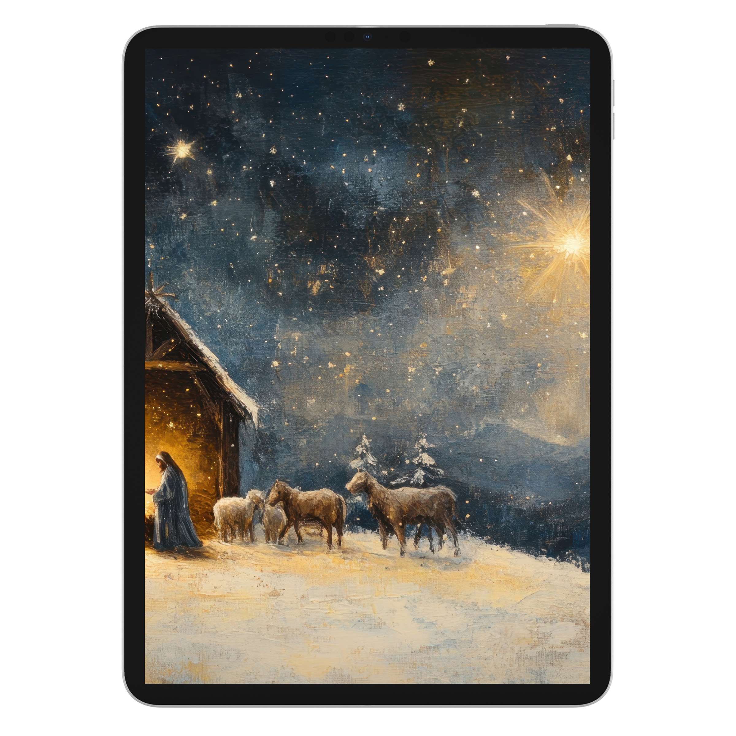 Cozy christmas iPad wallpaper for tablet with serene nativity scene under starry sky, ideal as digital download for background use