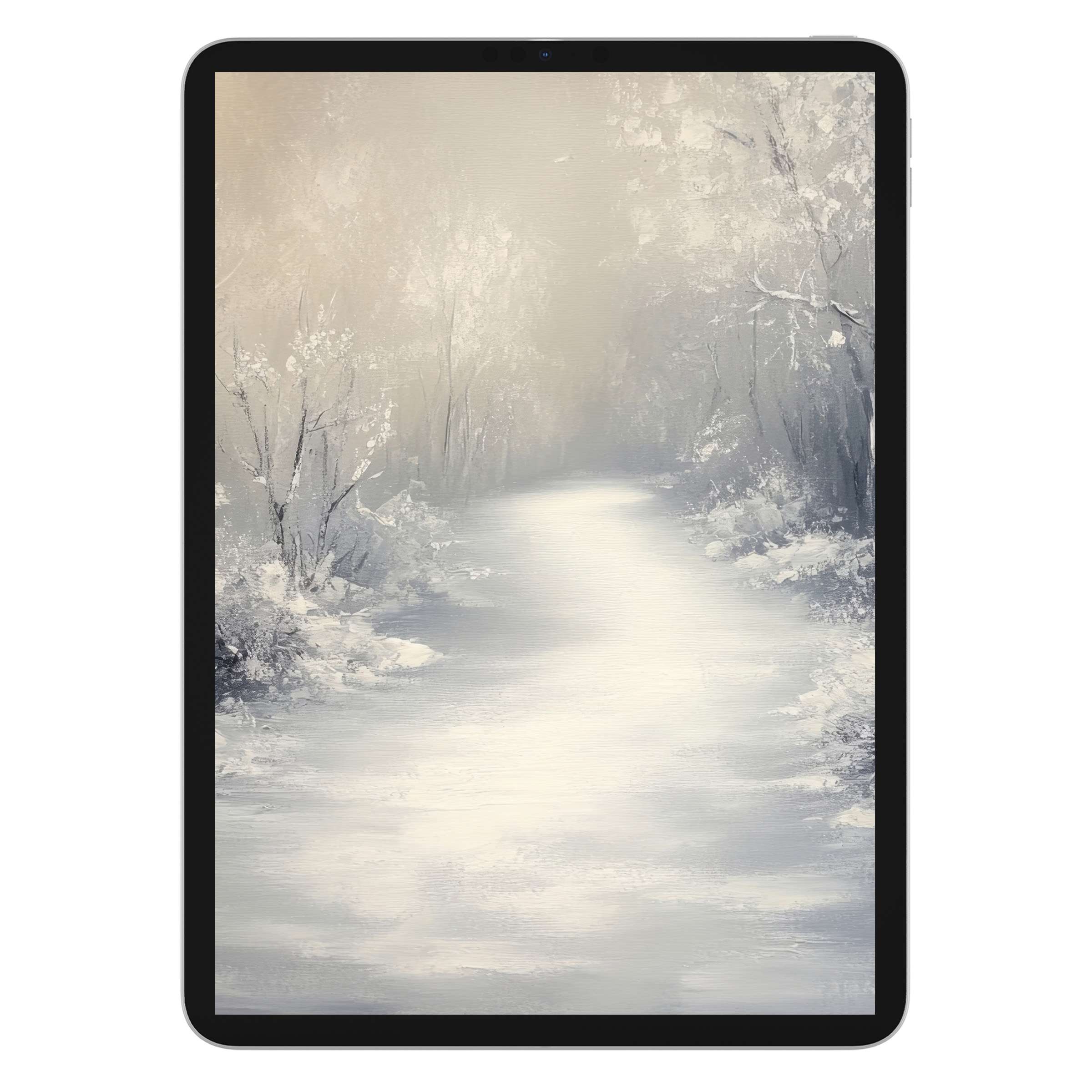 Elegant christmas iPad wallpaper featuring a serene snowy path, perfect digital download for peaceful tablet background ambiance
