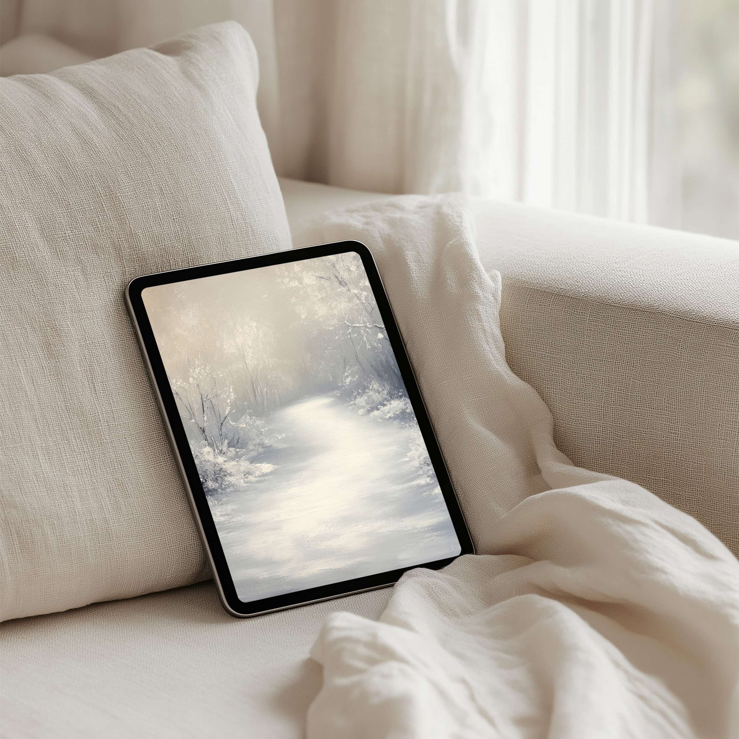 Serene winter landscape iPad background for instant download creates a calm, elegant atmosphere on any tablet, enhancing mindfulness