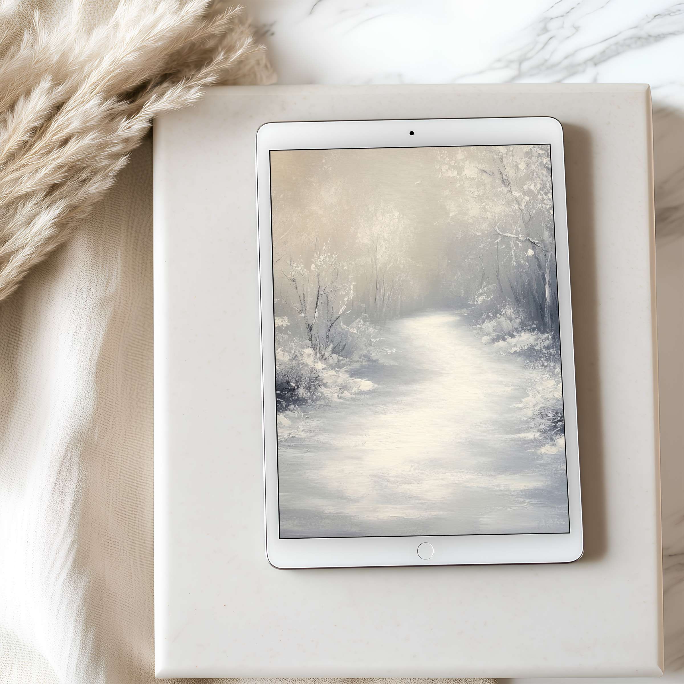 Soft winter landscape tablet wallpaper evokes serenity and elegance with high resolution for iPad and Android digital download