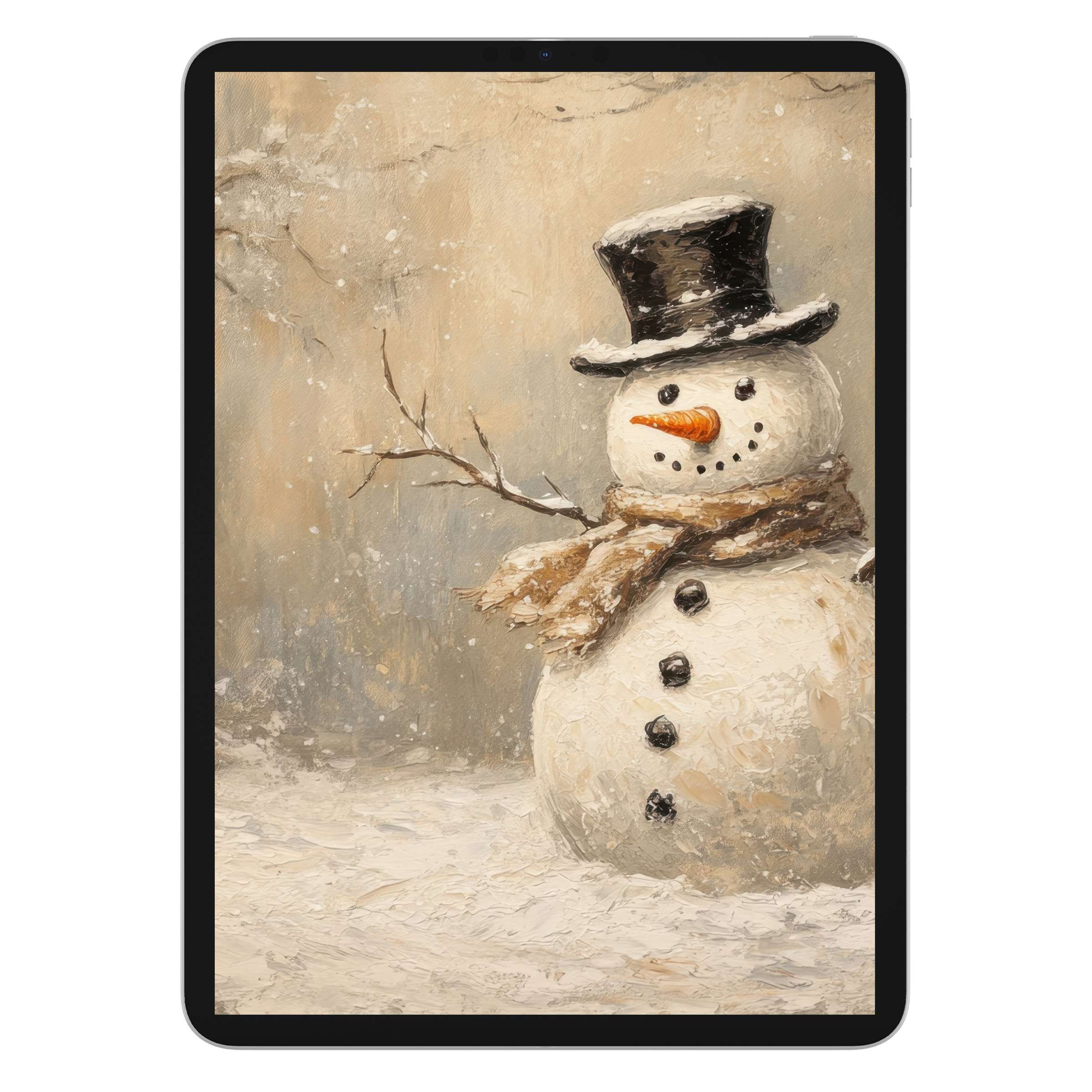 Elegant christmas iPad wallpaper features a charming snowman in a vintage oil painting style, perfect for digital download as a calm, cozy tablet background