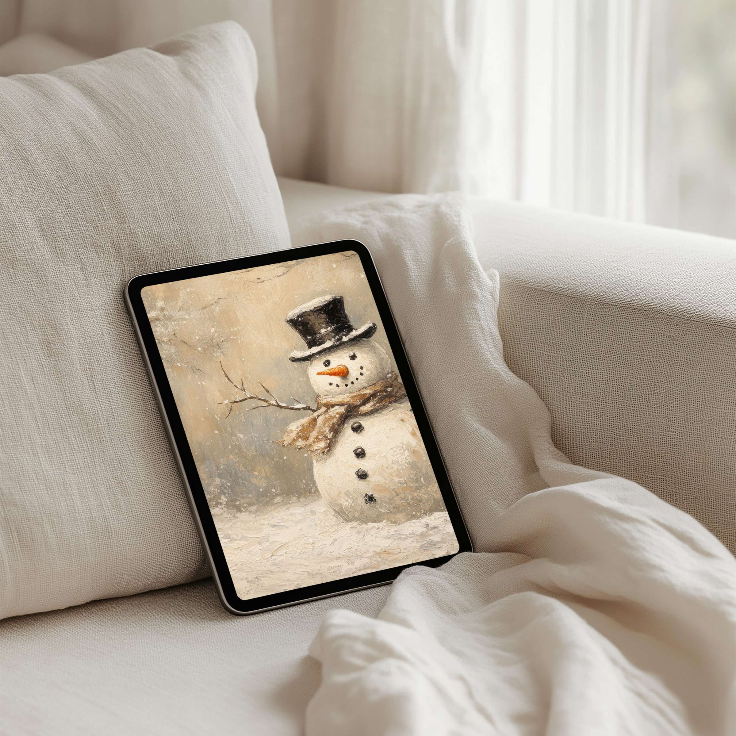 Cozy snowman iPad background with a rustic palette inspires calm and elegance instant download for any tablet user seeking mindfulness
