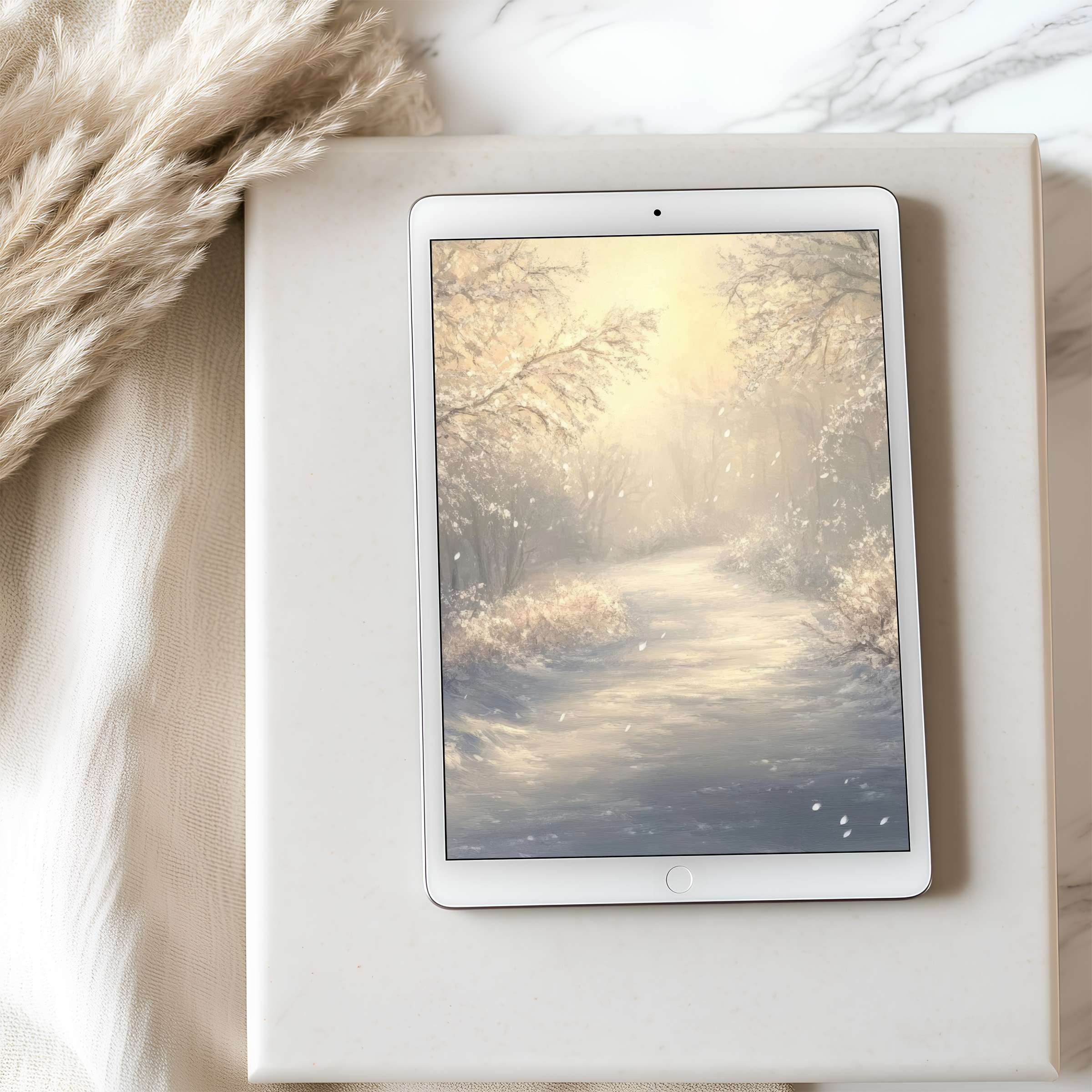 Serene tablet wallpaper in high resolution features a soft winter landscape perfect for iPad use and tranquil digital download