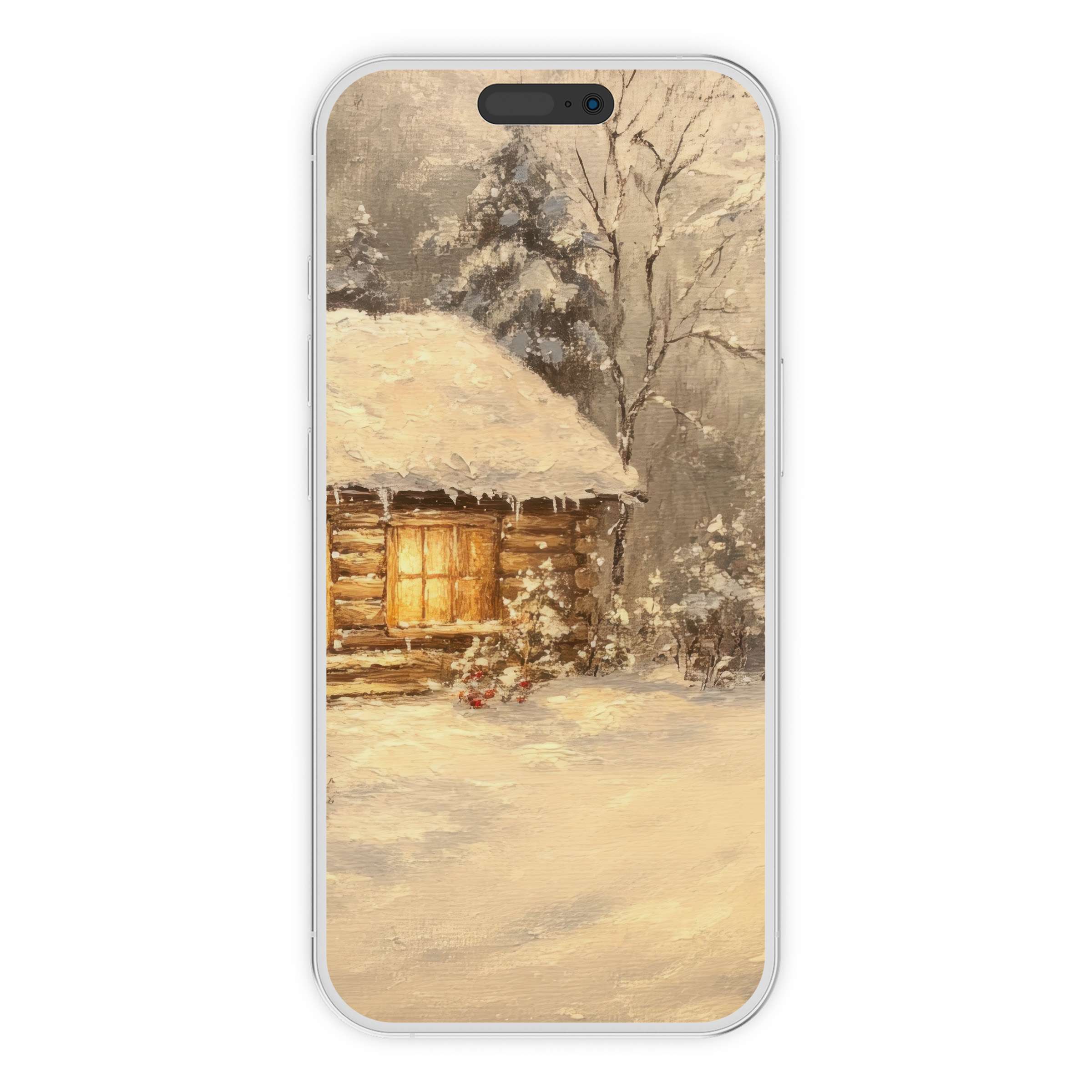Tranquil snowy cabin scene christmas iPhone wallpaper for phone background, digital download evokes serene holiday warmth and elegance
