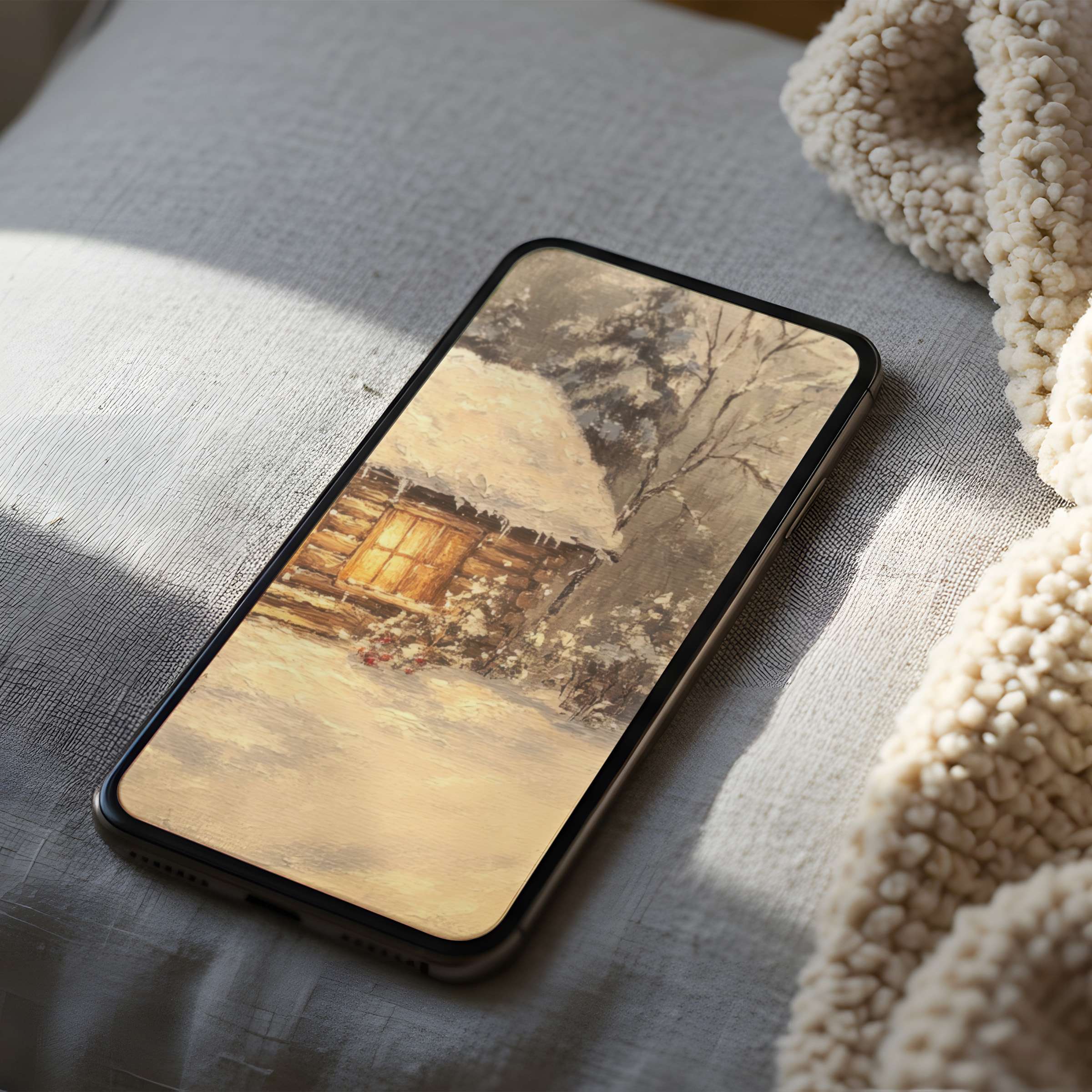 Cozy cabin snow scene phone wallpaper with warm hues, perfect for iPhone or Android, offering high resolution and tranquility