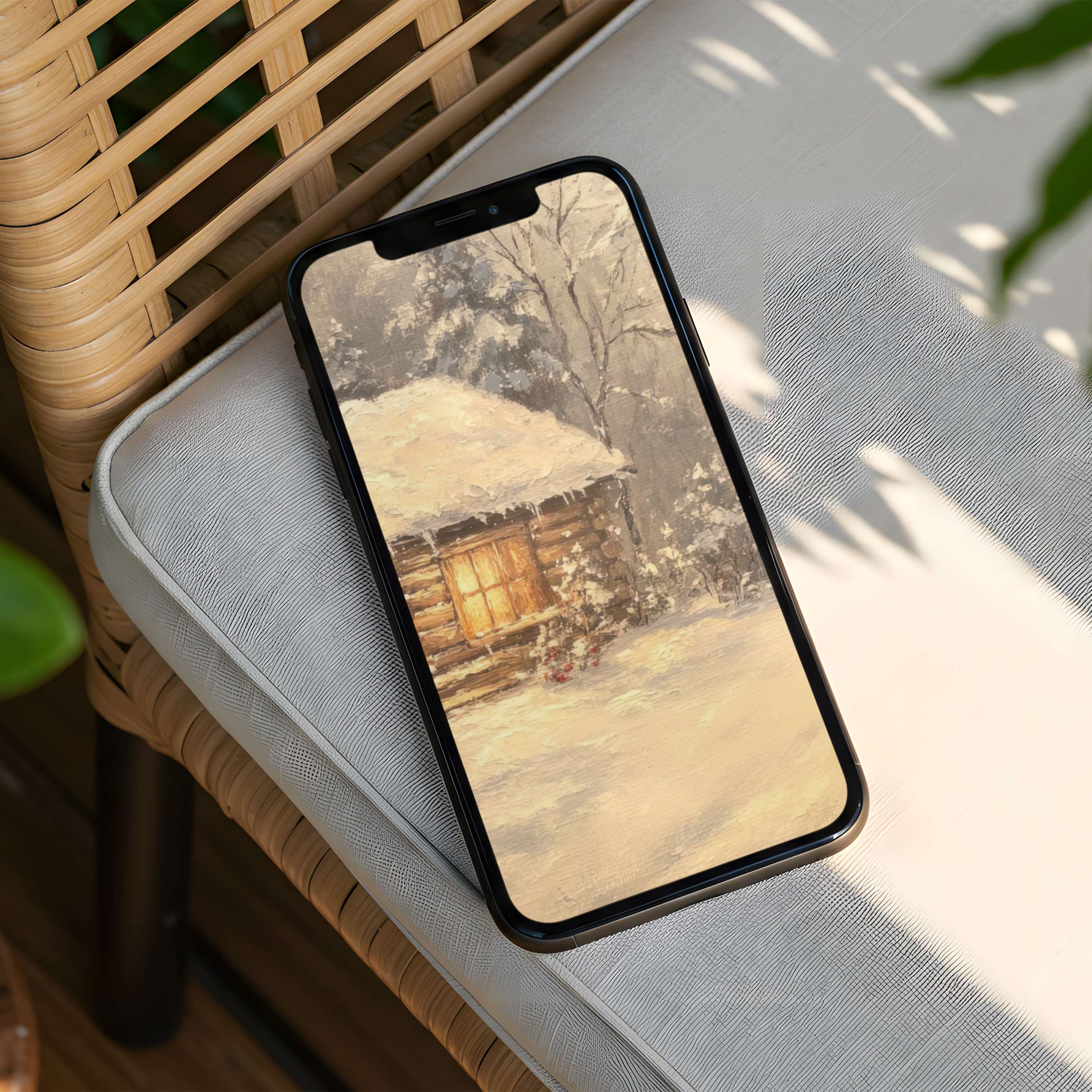 Cozy winter cabin painting offers an elegant iPhone background for instant download bringing calm and inspiration to your phone