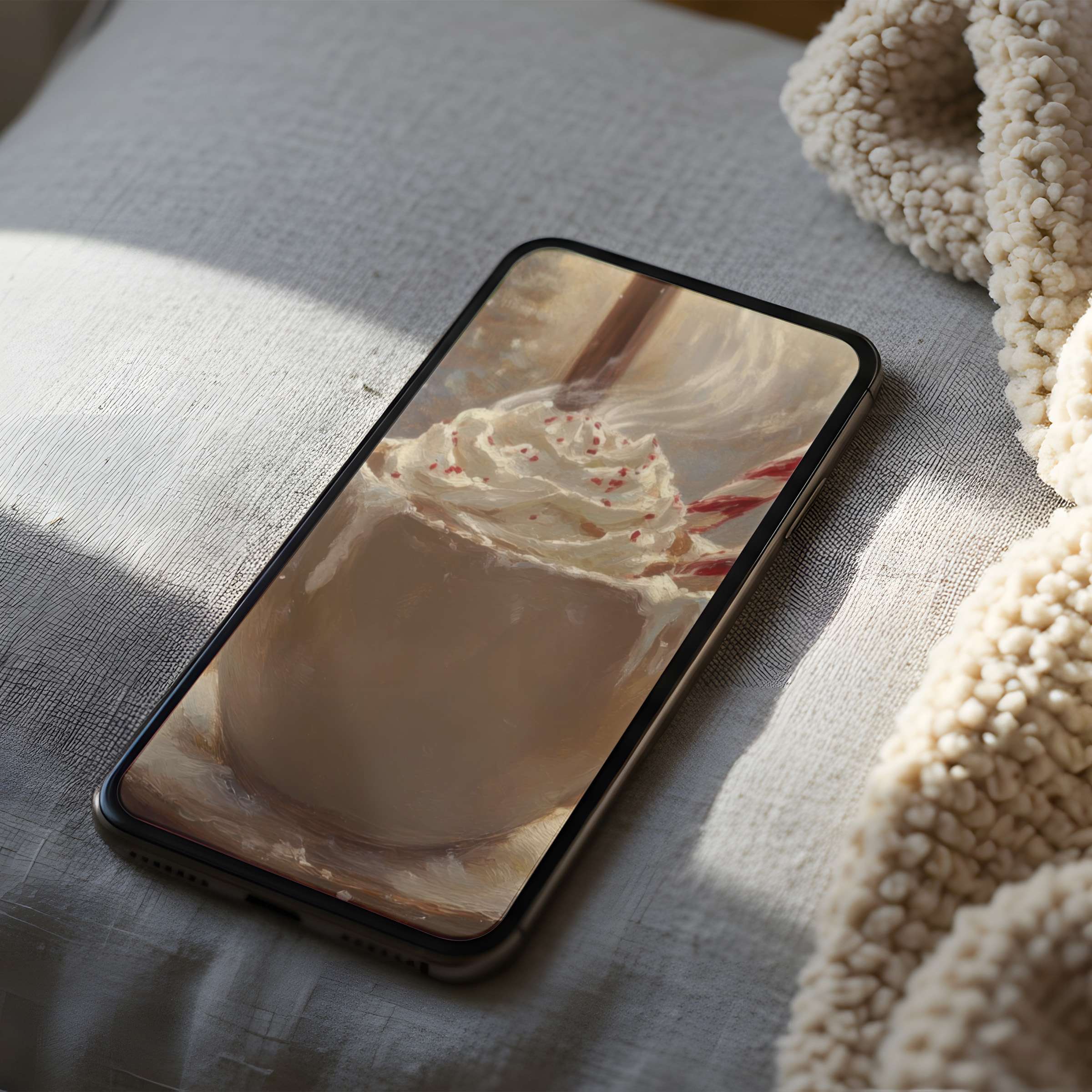 Cozy hot cocoa digital art phone wallpaper in high resolution brings warmth and elegance to your iPhone and Android download today