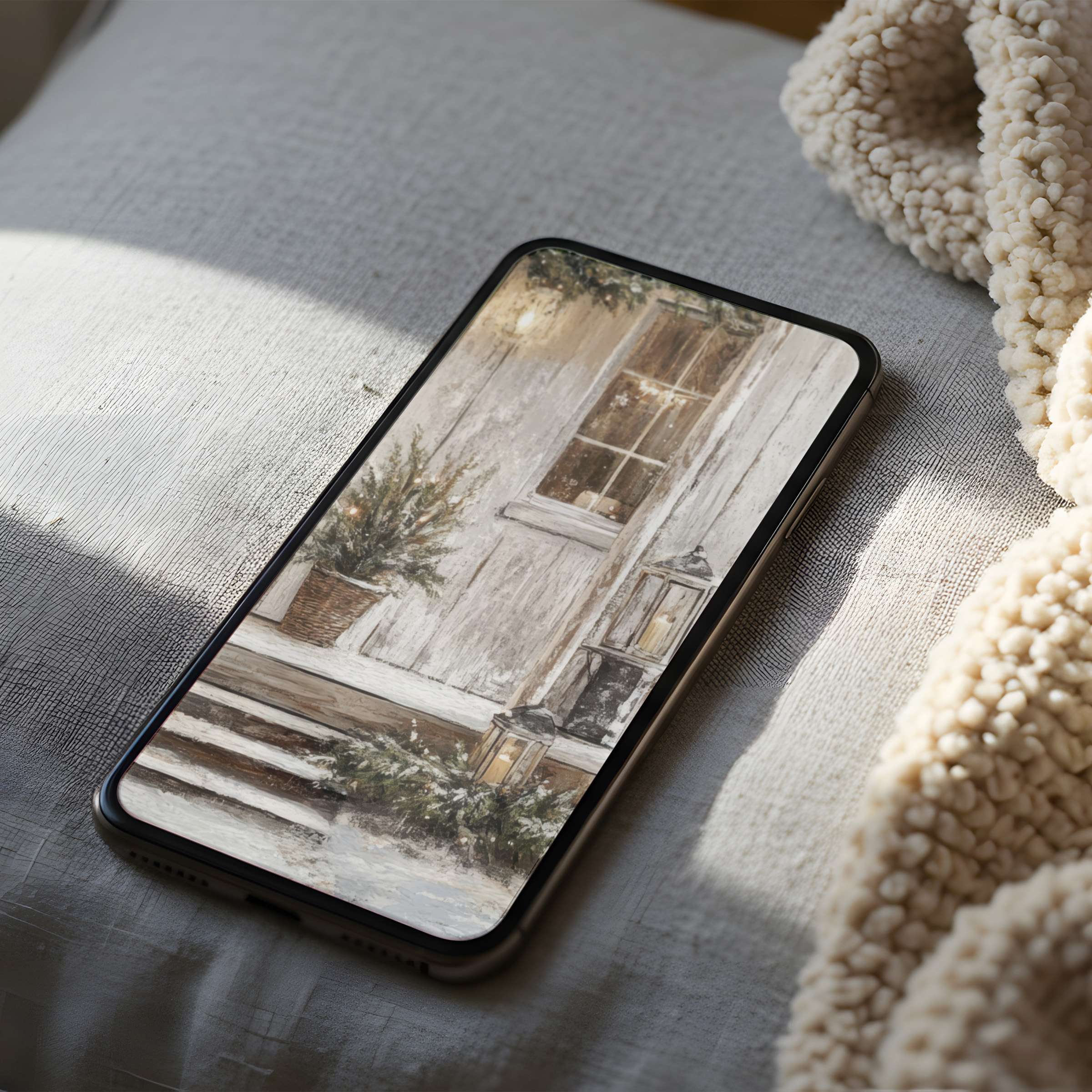 Serene winter scene phone wallpaper in soft neutrals exudes calm elegance high resolution art perfect for iPhone and Android devices