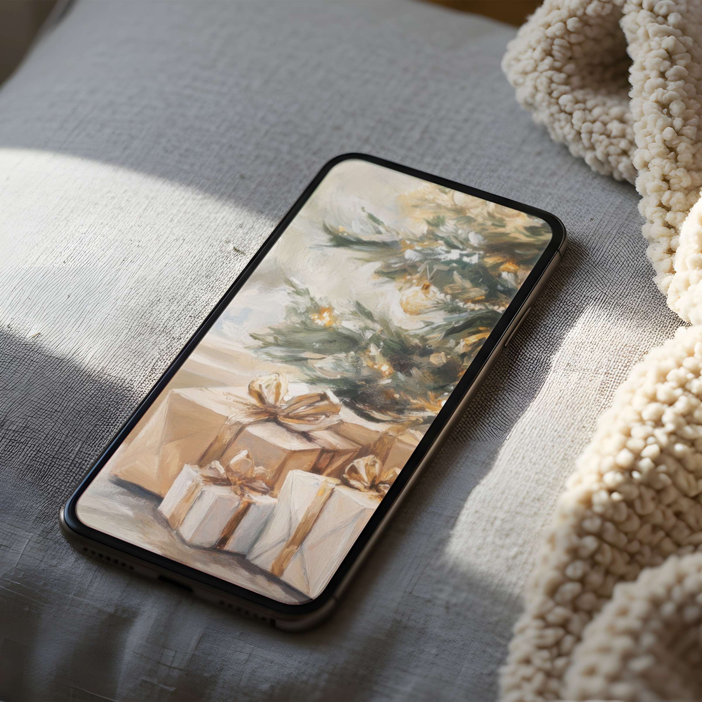 Elegant phone wallpaper featuring a serene festive scene with soft hues, perfect for iPhone or Android, ideal high-resolution download