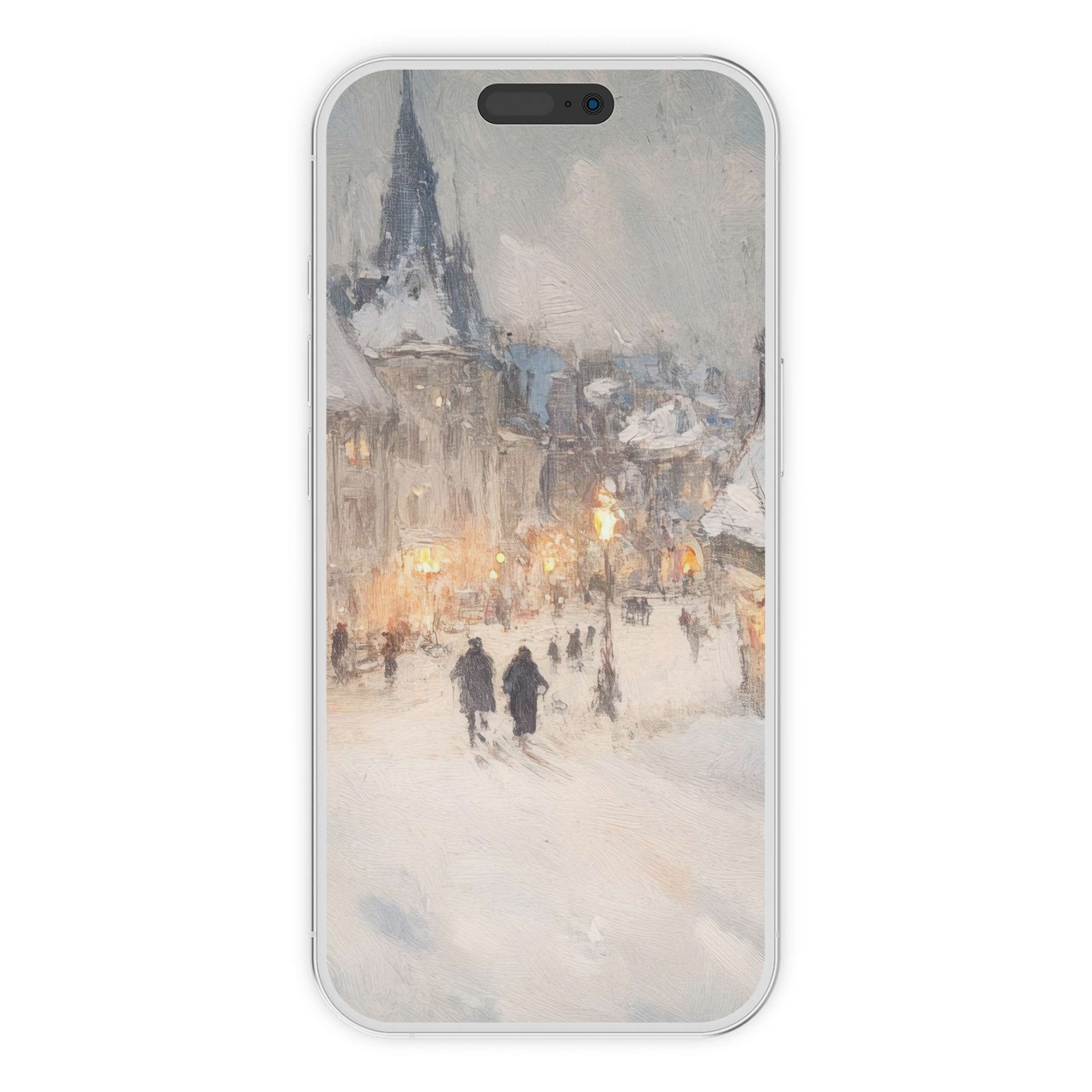 Elegant christmas iPhone wallpaper featuring a snowy street scene in soft pastels offers a serene digital download for phone background