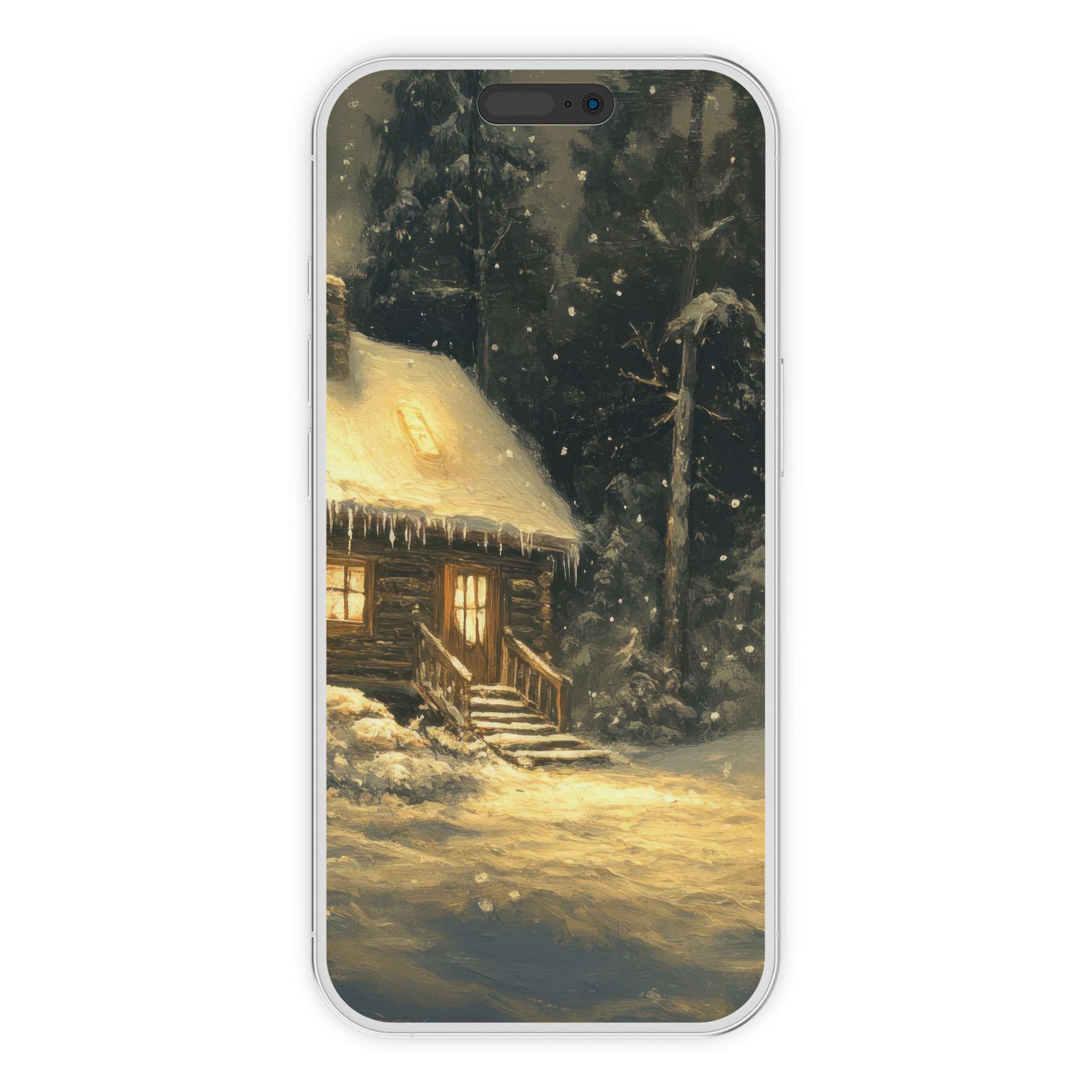 Cozy christmas iPhone wallpaper portraying a snowy cabin scene phone background available as a digital download for serene elegance