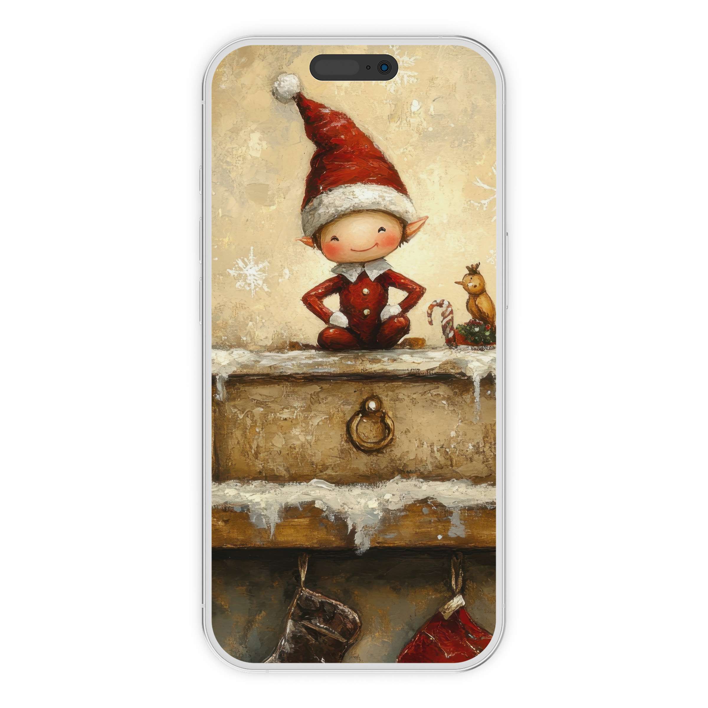 Charming christmas iPhone wallpaper featuring a whimsical elf art print for serene phone background digital download warmth sustainability