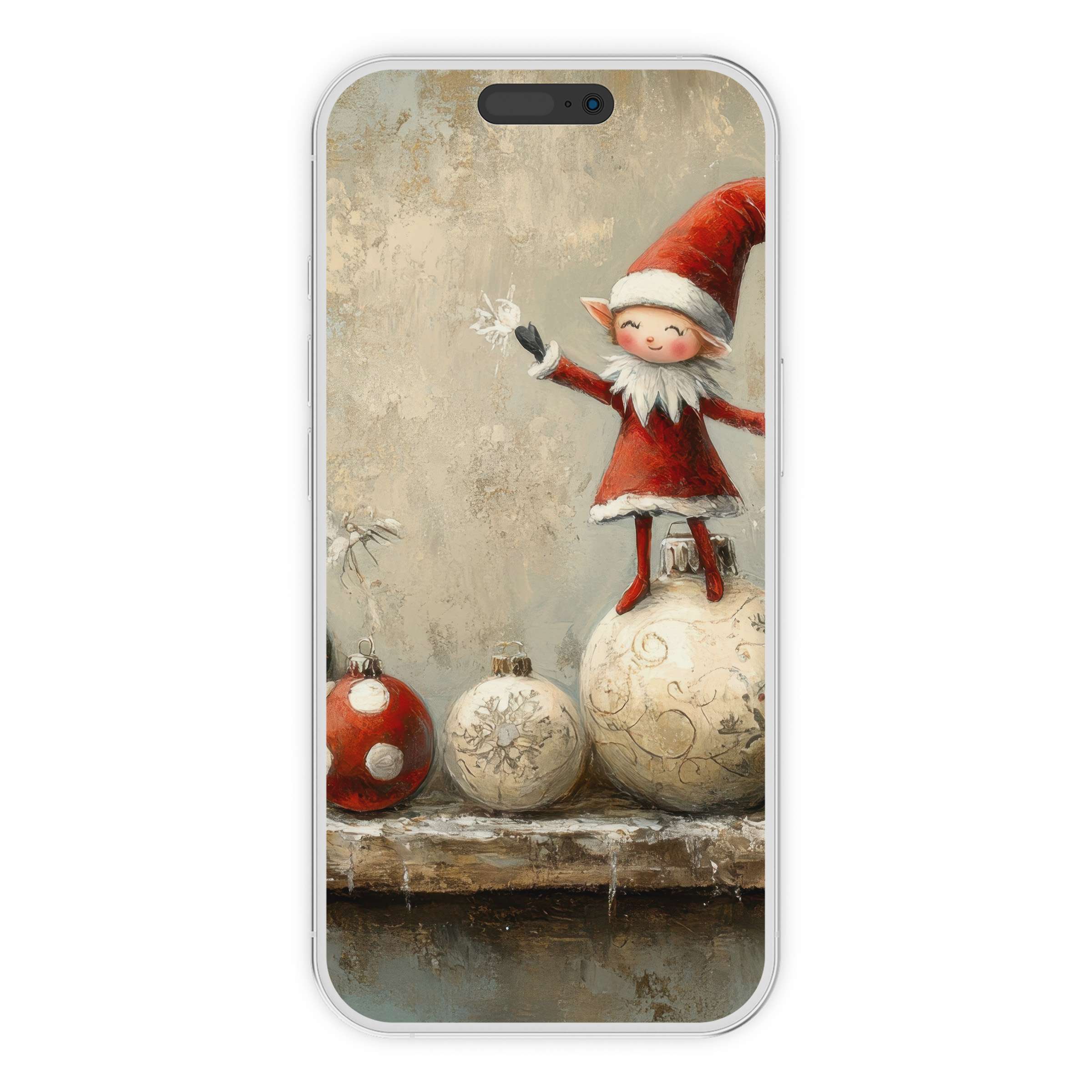Enchant your phone with this elegant digital download christmas iPhone wallpaper featuring a whimsical elf and vintage ornaments background