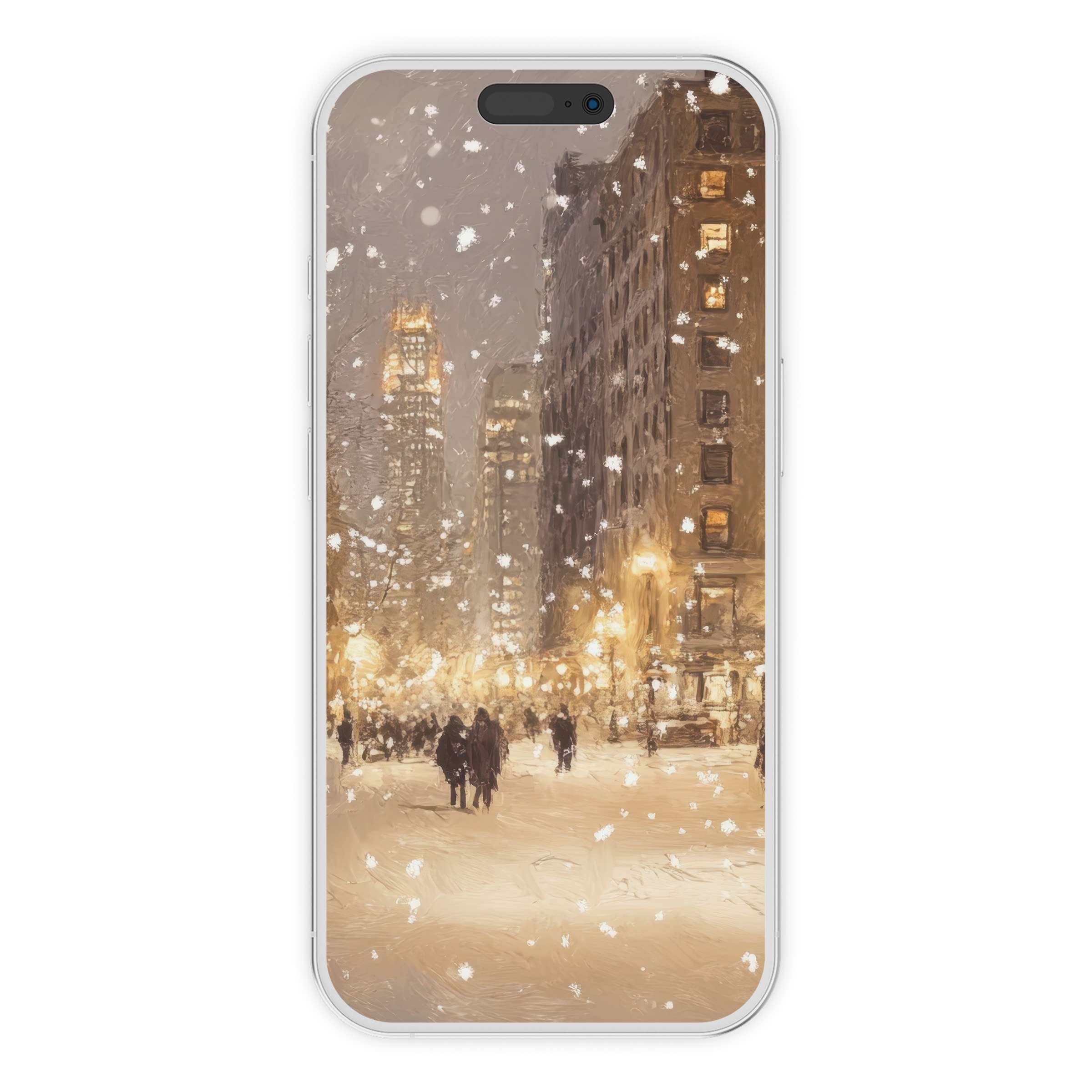 Elegant christmas iPhone wallpaper featuring a snowy cityscape background, perfect digital download for festive phone aesthetics