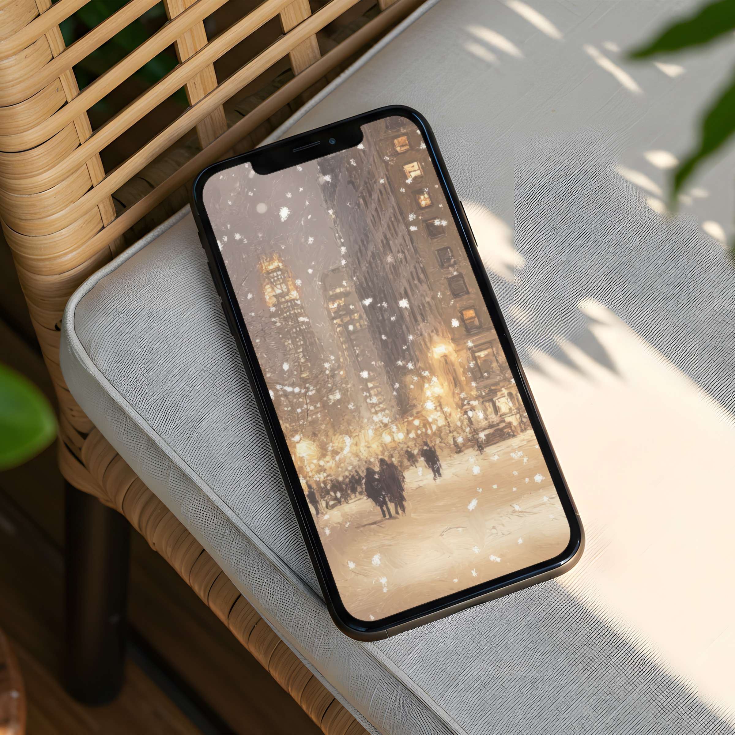 Elegant iPhone background featuring a serene, snowy cityscape for mindful moments on your phone with instant download for all devices