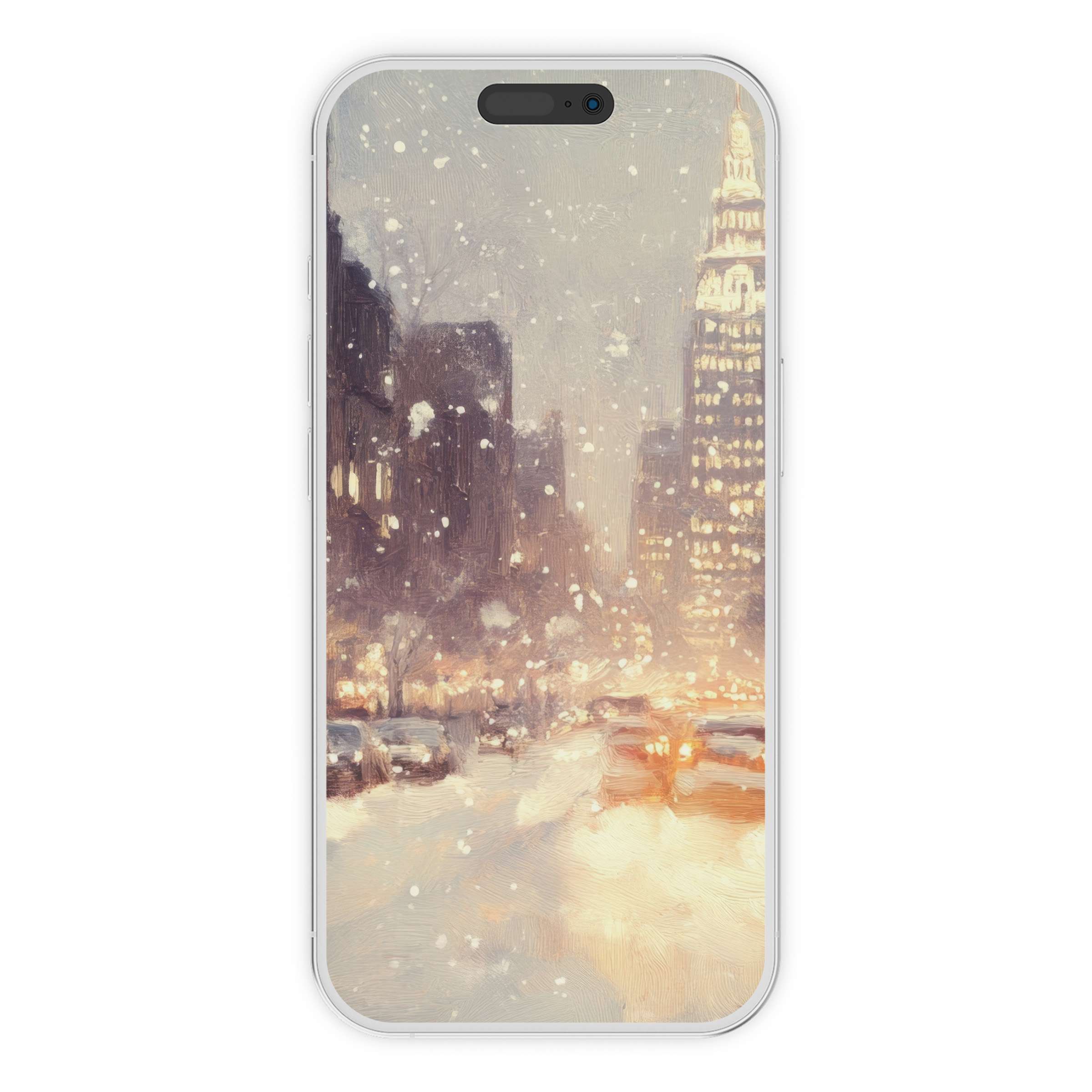 Christmas iPhone wallpaper featuring a serene snowy cityscape, perfect for phone backgrounds, digital download enhances festive mood