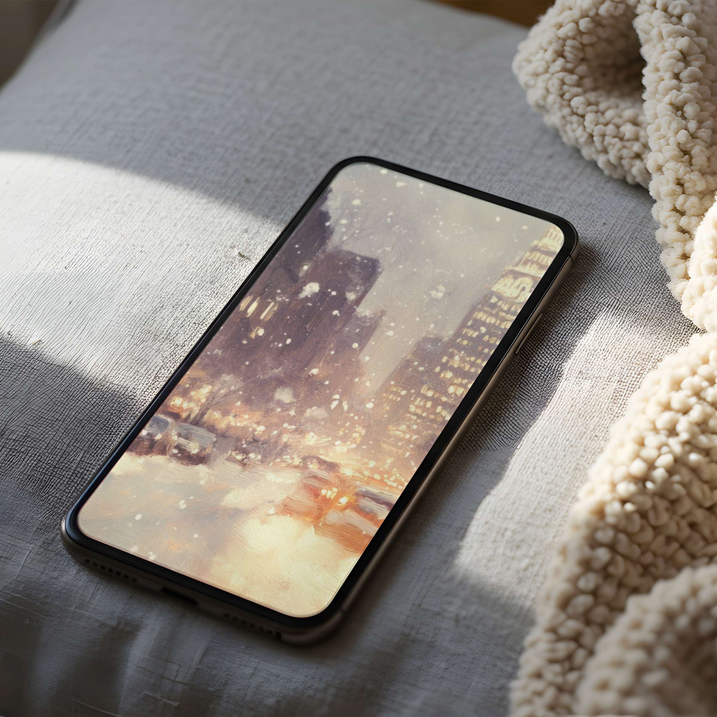 Elegant winter cityscape phone wallpaper in warm tones, high resolution for iPhone and android phones, digital download for serenity