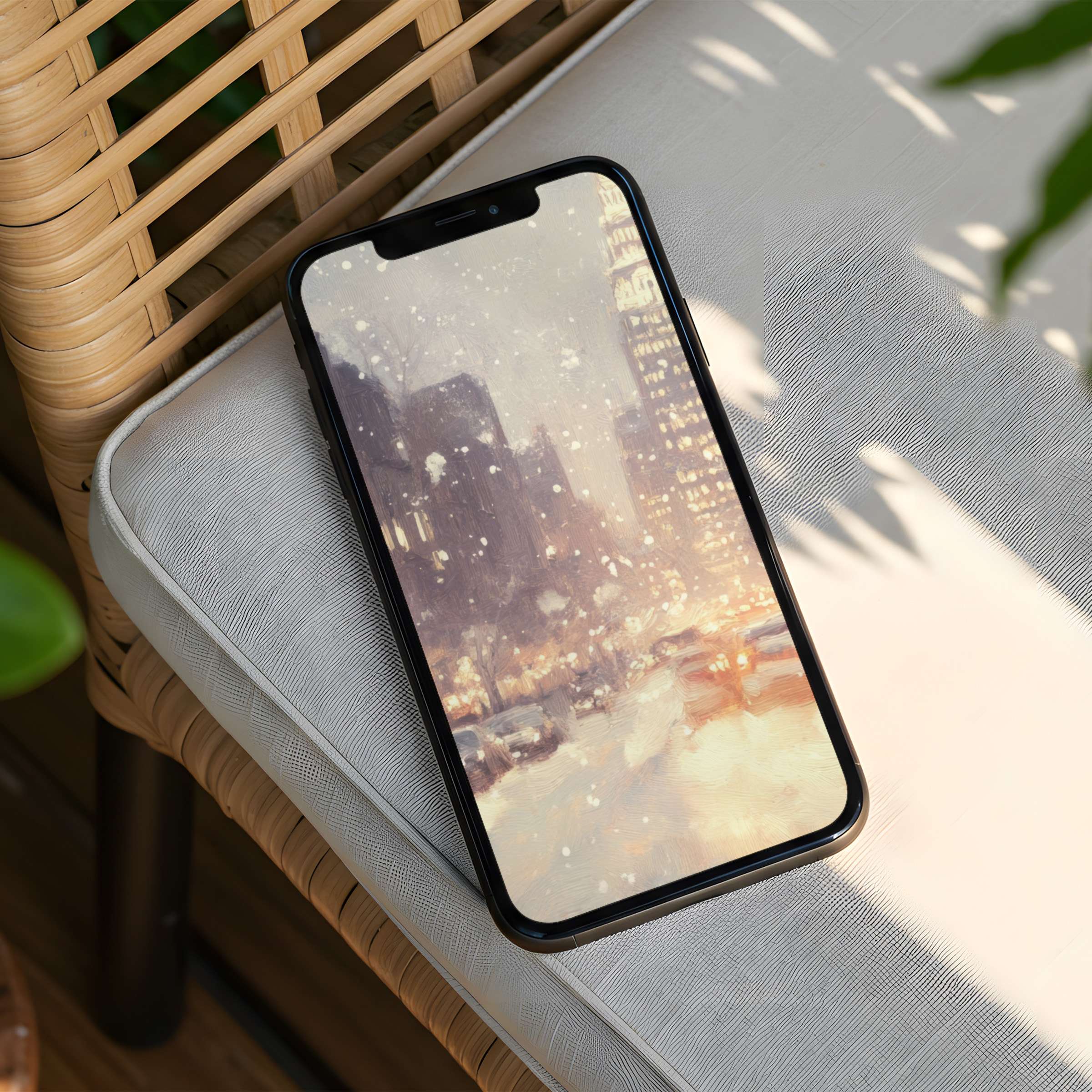Cozy winter cityscape iPhone background for instant download enhances phone elegance with calm, inspiring ambiance for design lovers