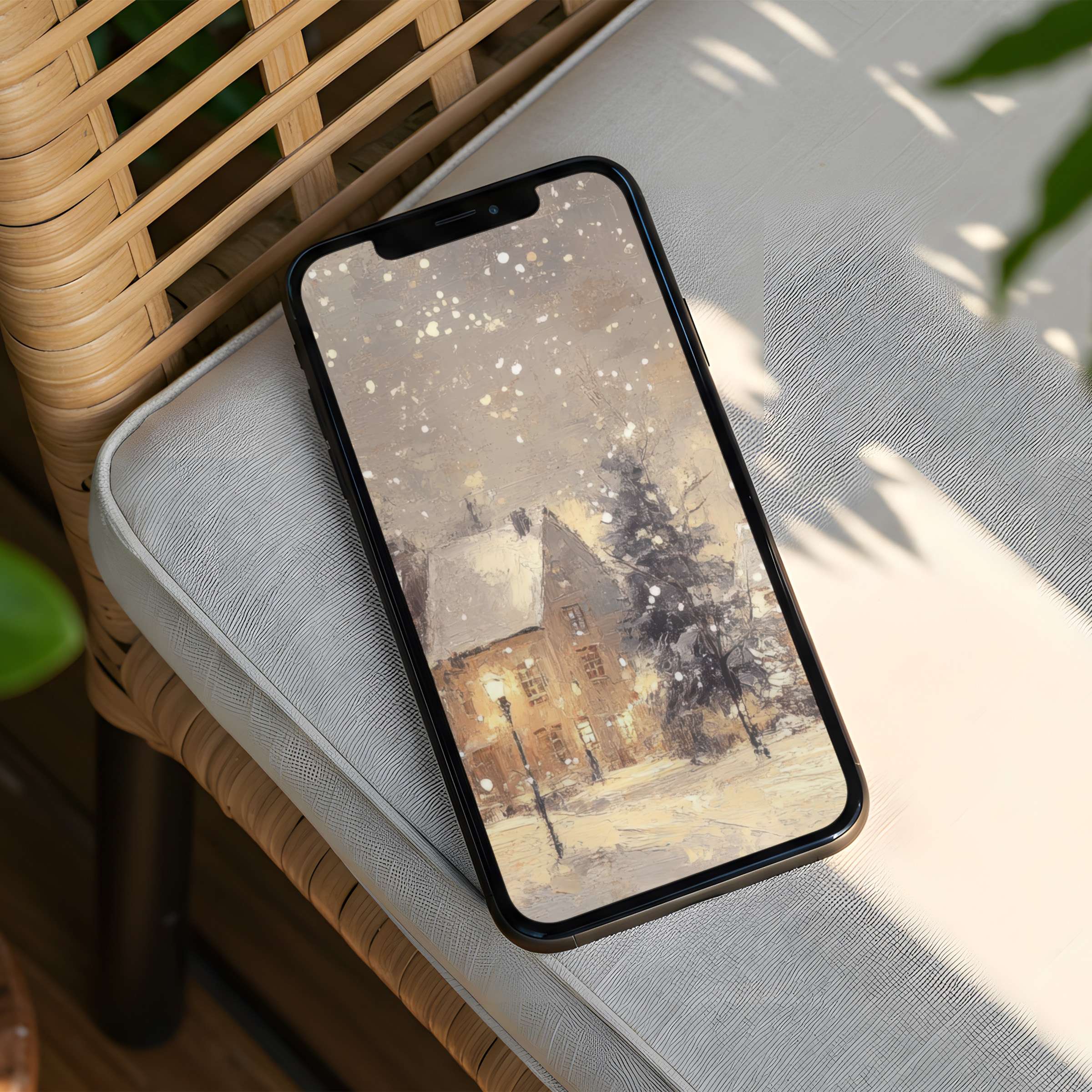 Cozy winter scene iPhone background with soft snow, offering instant download for phone users seeking elegance and calm inspiration