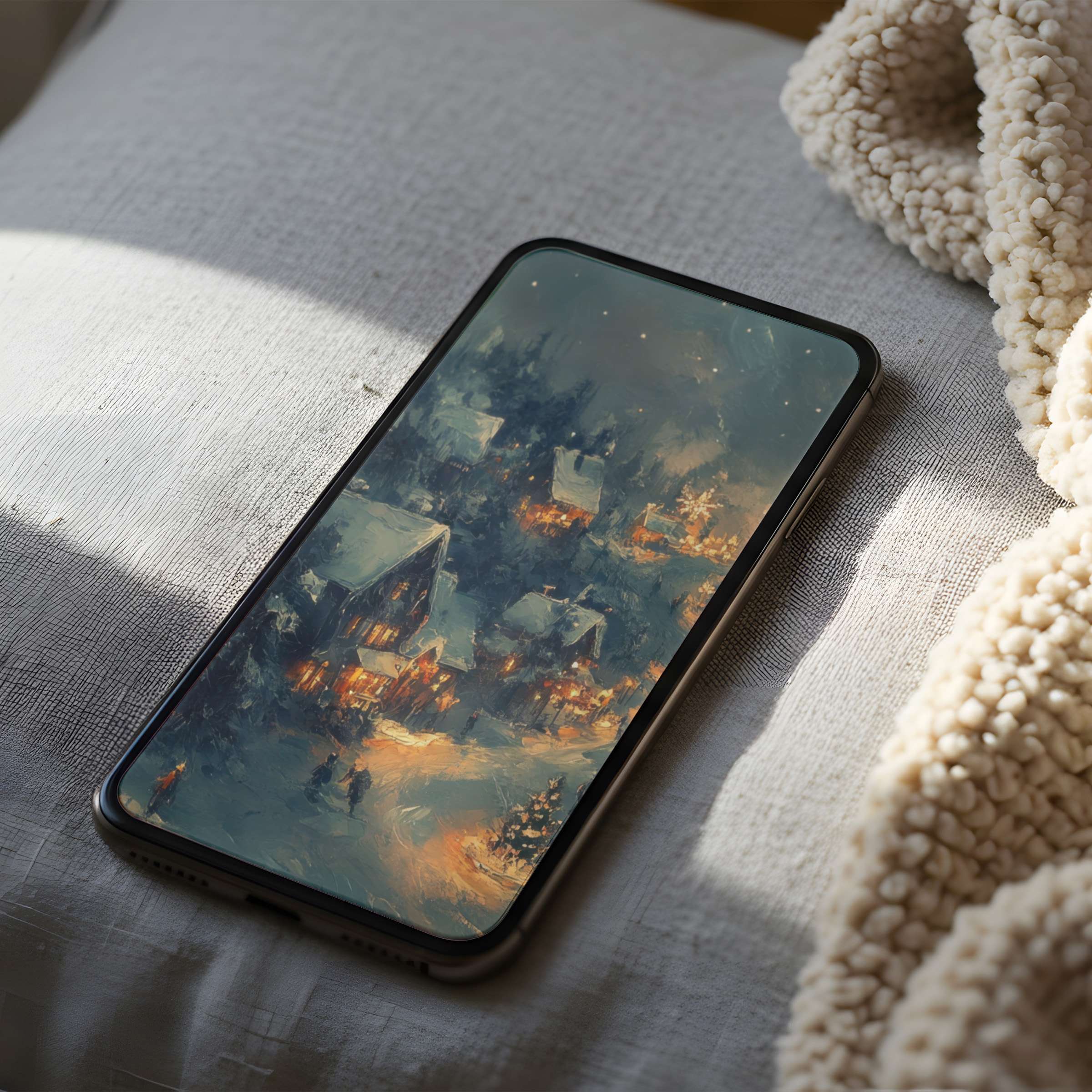 Cozy winter village phone wallpaper evoking tranquility, perfect for iPhone or Android digital download, enhancing serene interiors