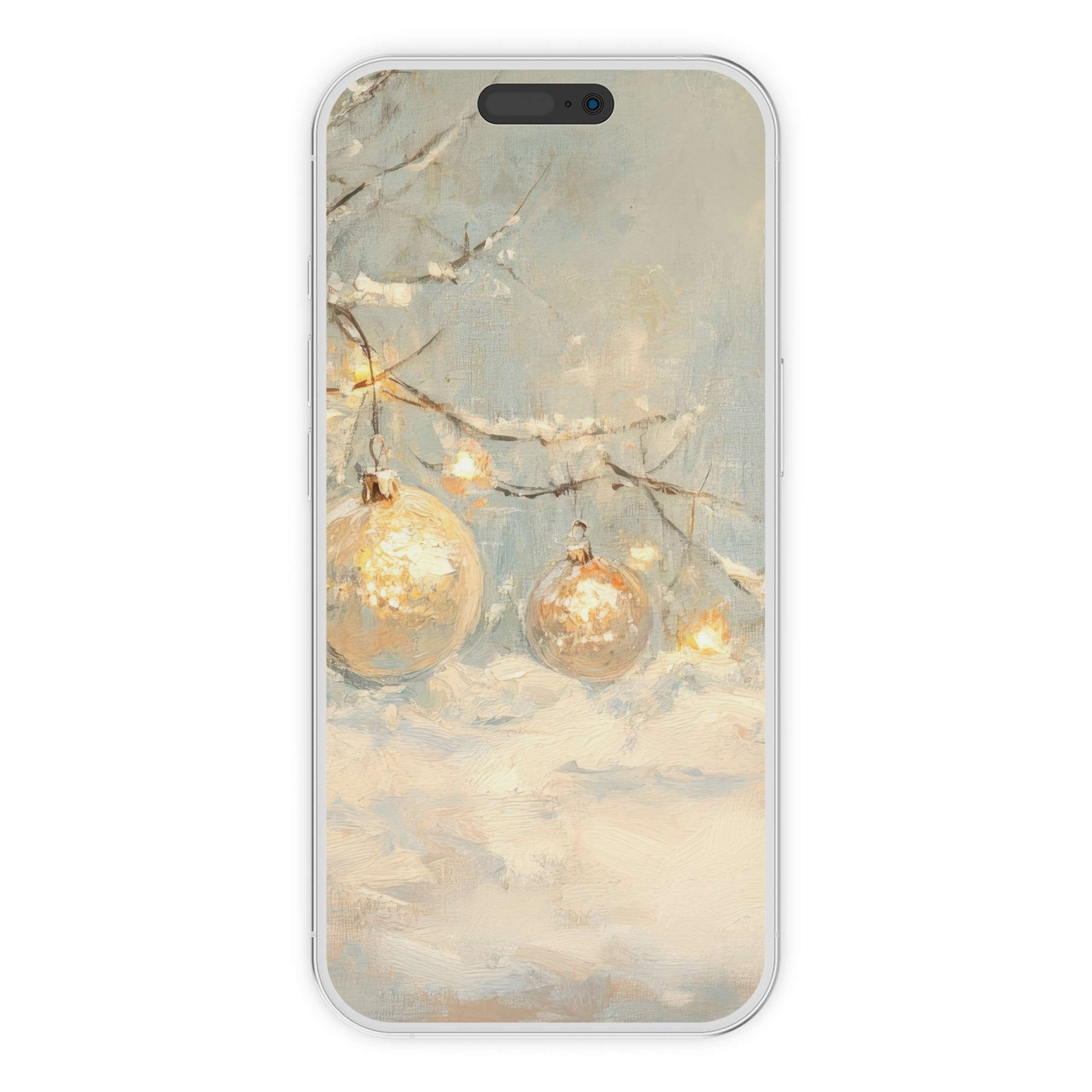Elegant christmas iPhone wallpaper featuring golden ornaments and soft snow for a serene digital download phone background