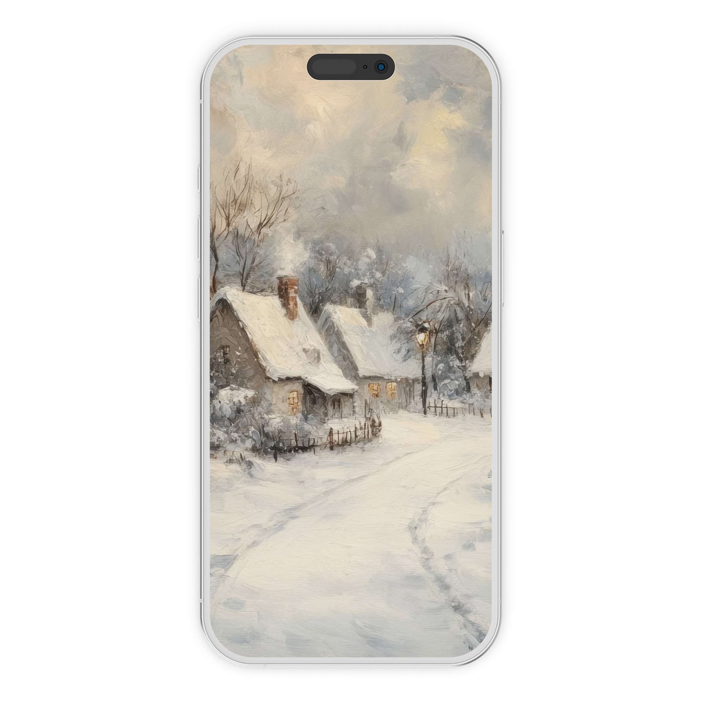 Charming christmas iPhone wallpaper showcasing a snowy village scene phone background as a digital download with serene winter art