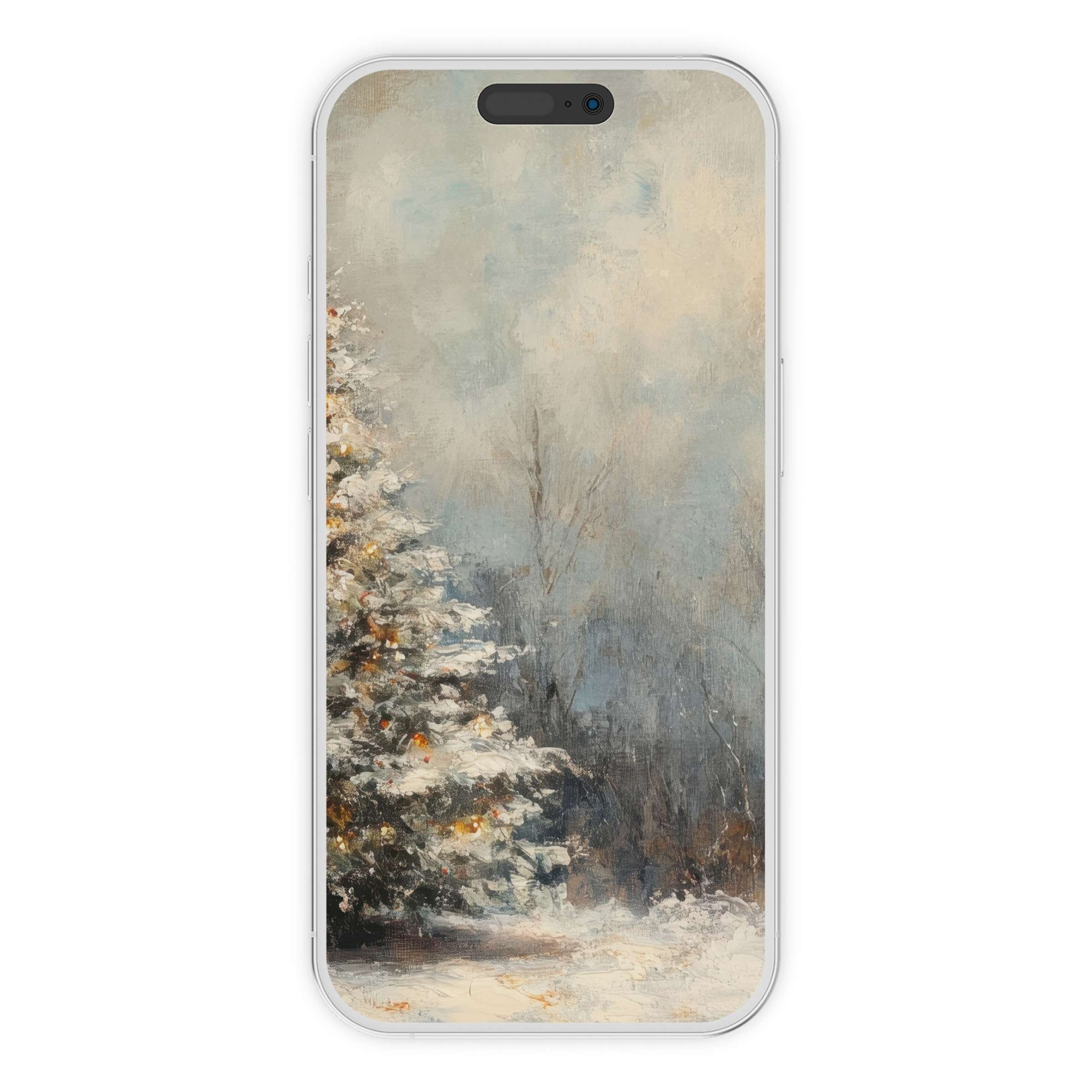Christmas iPhone wallpaper with serene snowy landscape and frosted evergreens, perfect background digital download for any phone
