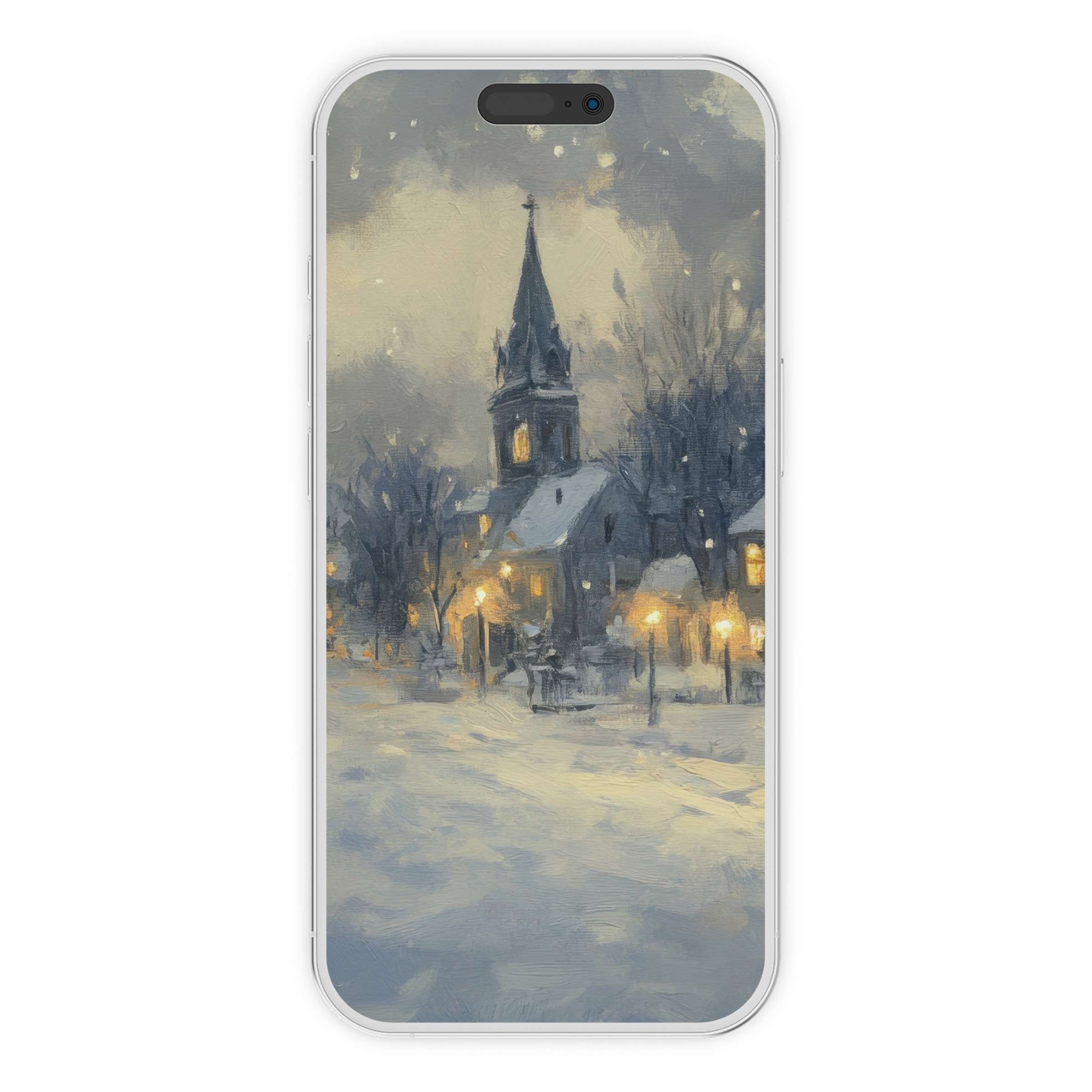 Snowy village scene christmas iPhone wallpaper digital download offers serene phone background for iPhone or Android calming aesthetics