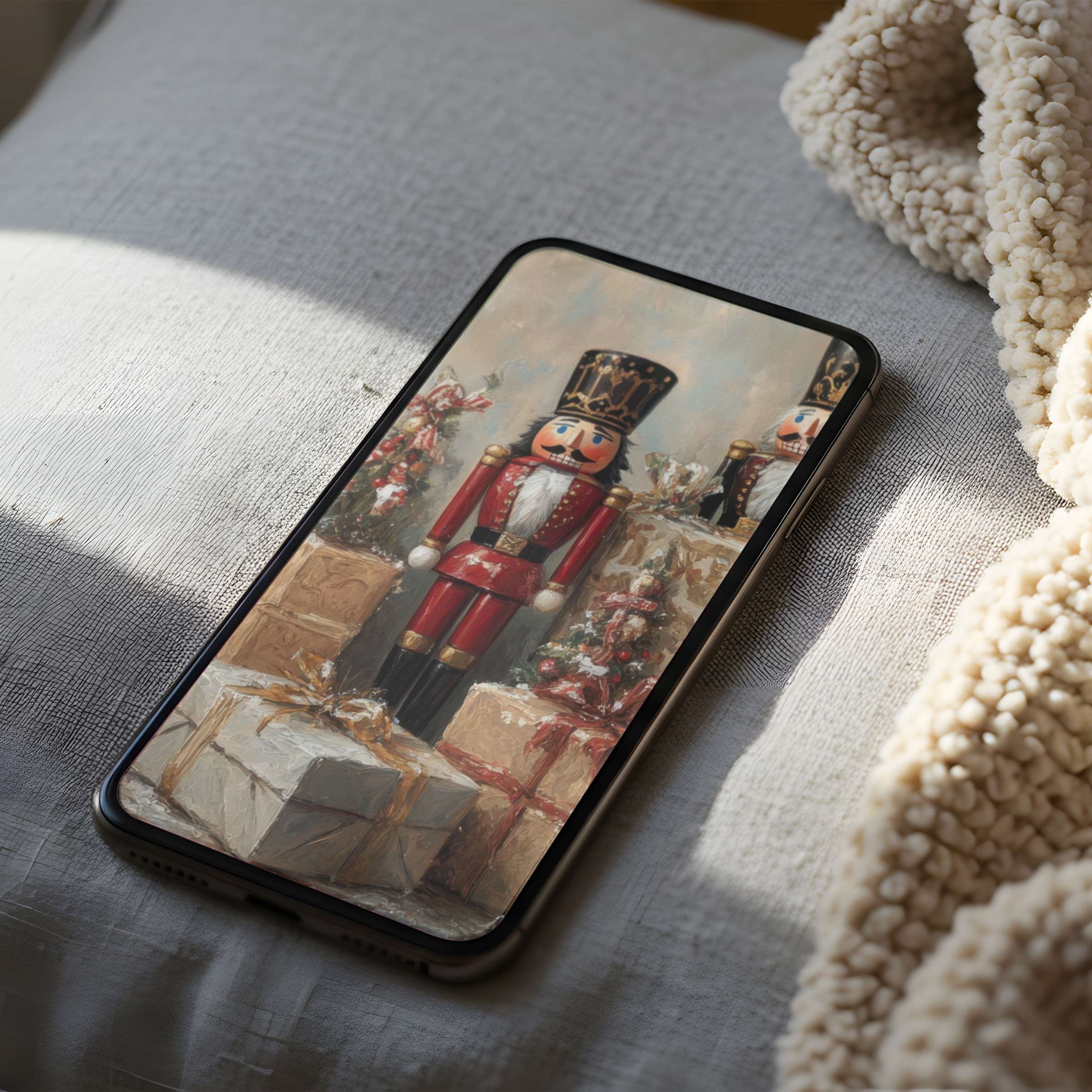 Elegant phone wallpaper featuring a nutcracker and gifts that evokes warmth and festive charm suitable for iPhone and android users