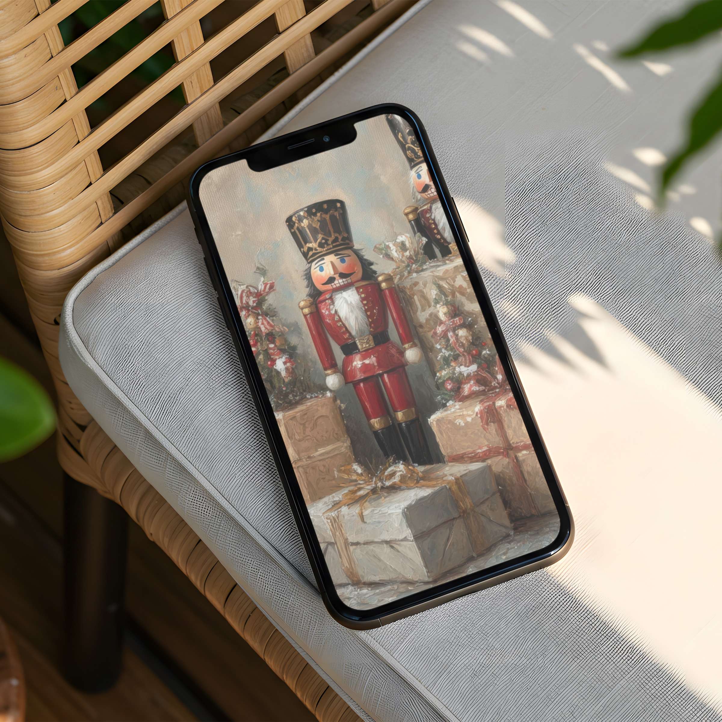 Elegant iPhone background featuring a festive nutcracker and gifts perfect for instant download to inspire your phone with calm beauty